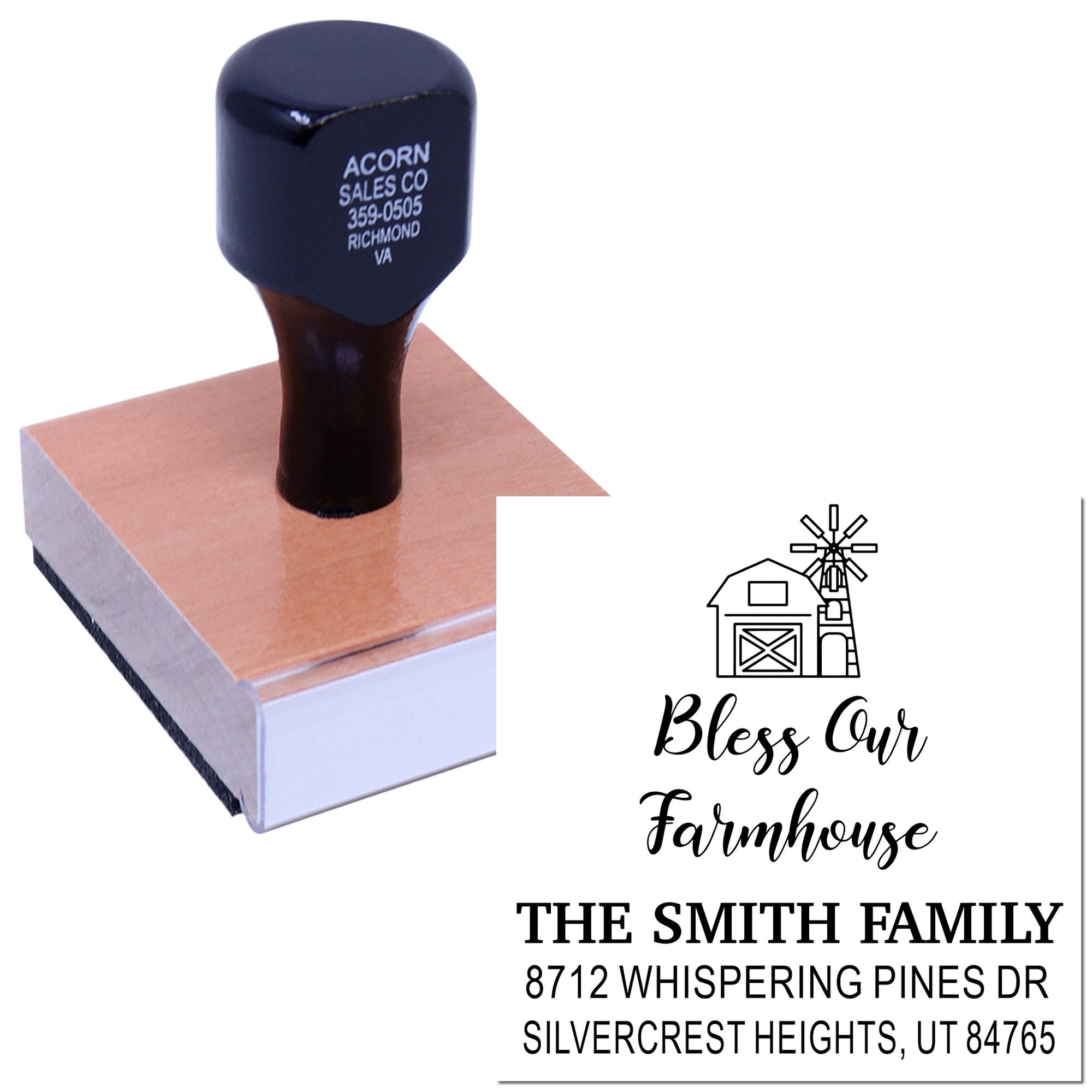 Custom farmhouse address stamp with barn logo, The Smith Family return address, and wooden handle on a white background.