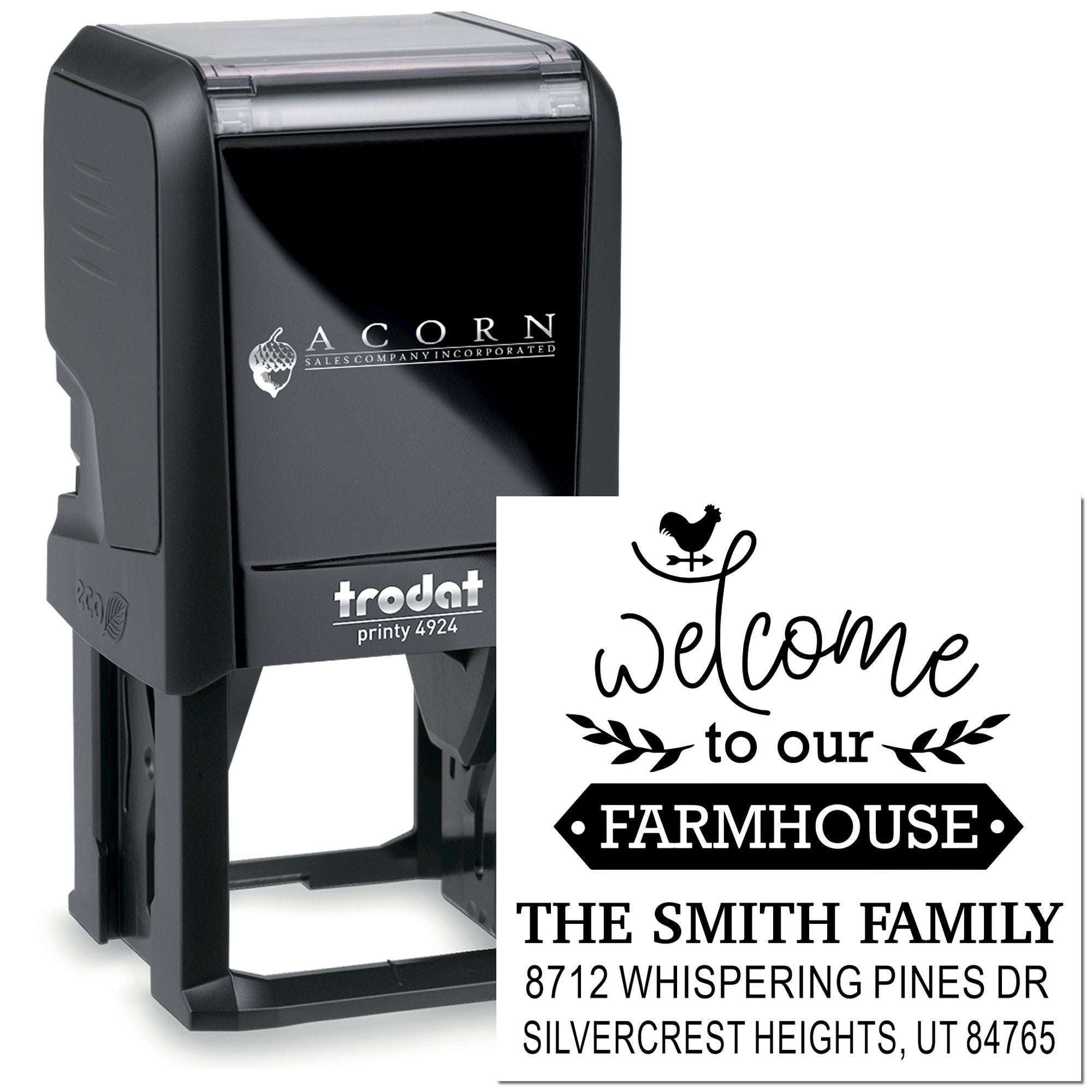 Custom self-inking address stamp with Welcome to our Farmhouse design, rooster icon, family name and address on a white background.