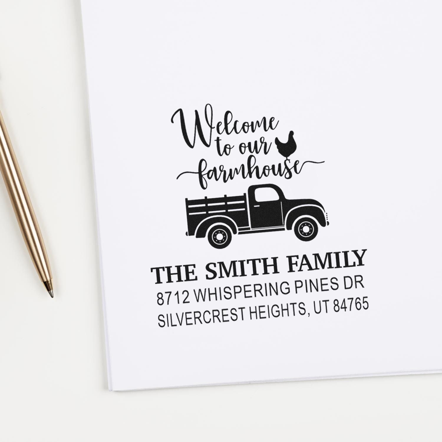 Custom farmhouse return address stamp with truck and chicken design on white stationery, reading Welcome to our farmhouse for The Smith Family.