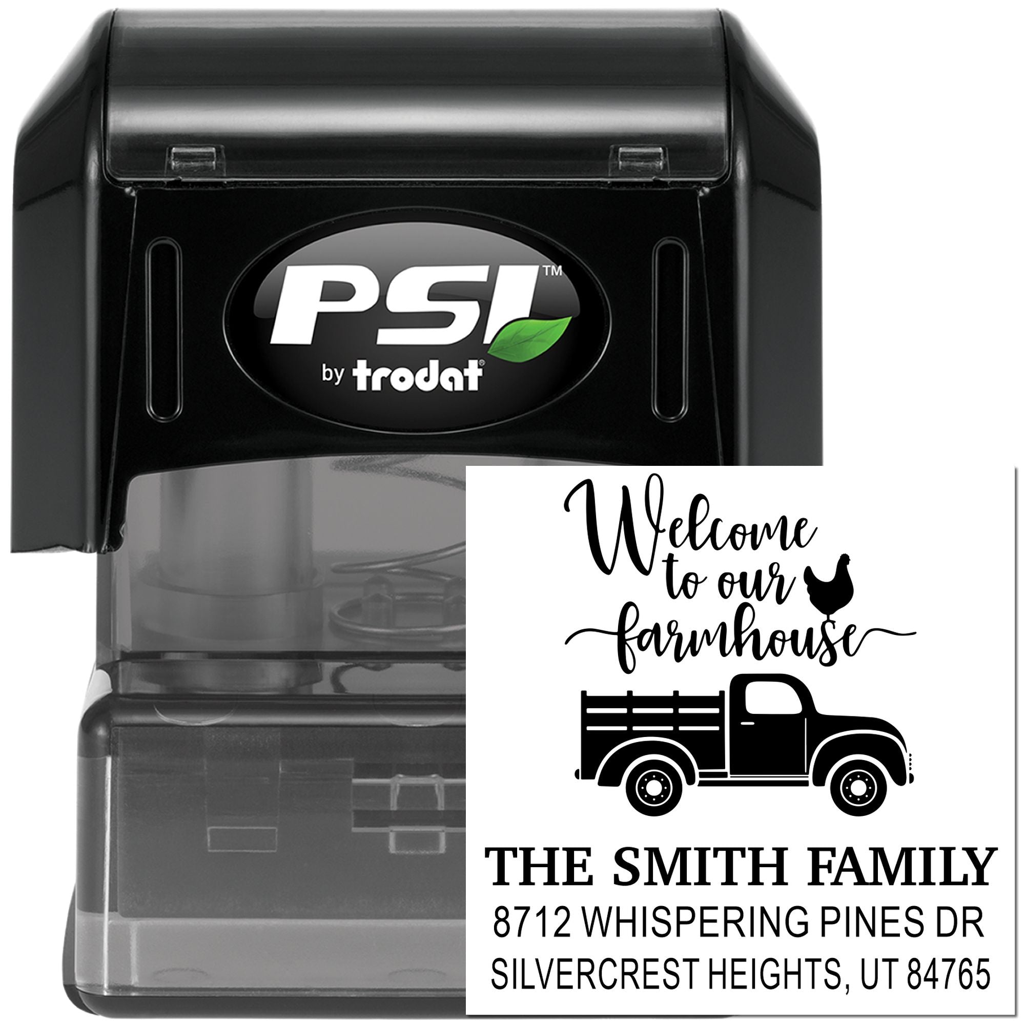PSI by trodat self-inking stamp with custom farmhouse return address design, featuring welcome text, truck and chicken graphic, family name and Utah address.