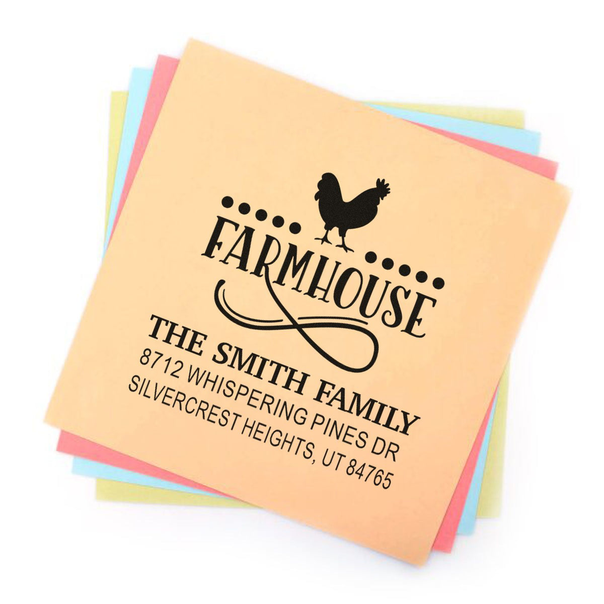 Stack of colorful custom farmhouse address stamps with chicken silhouette and Smith family return address on pastel cards.
