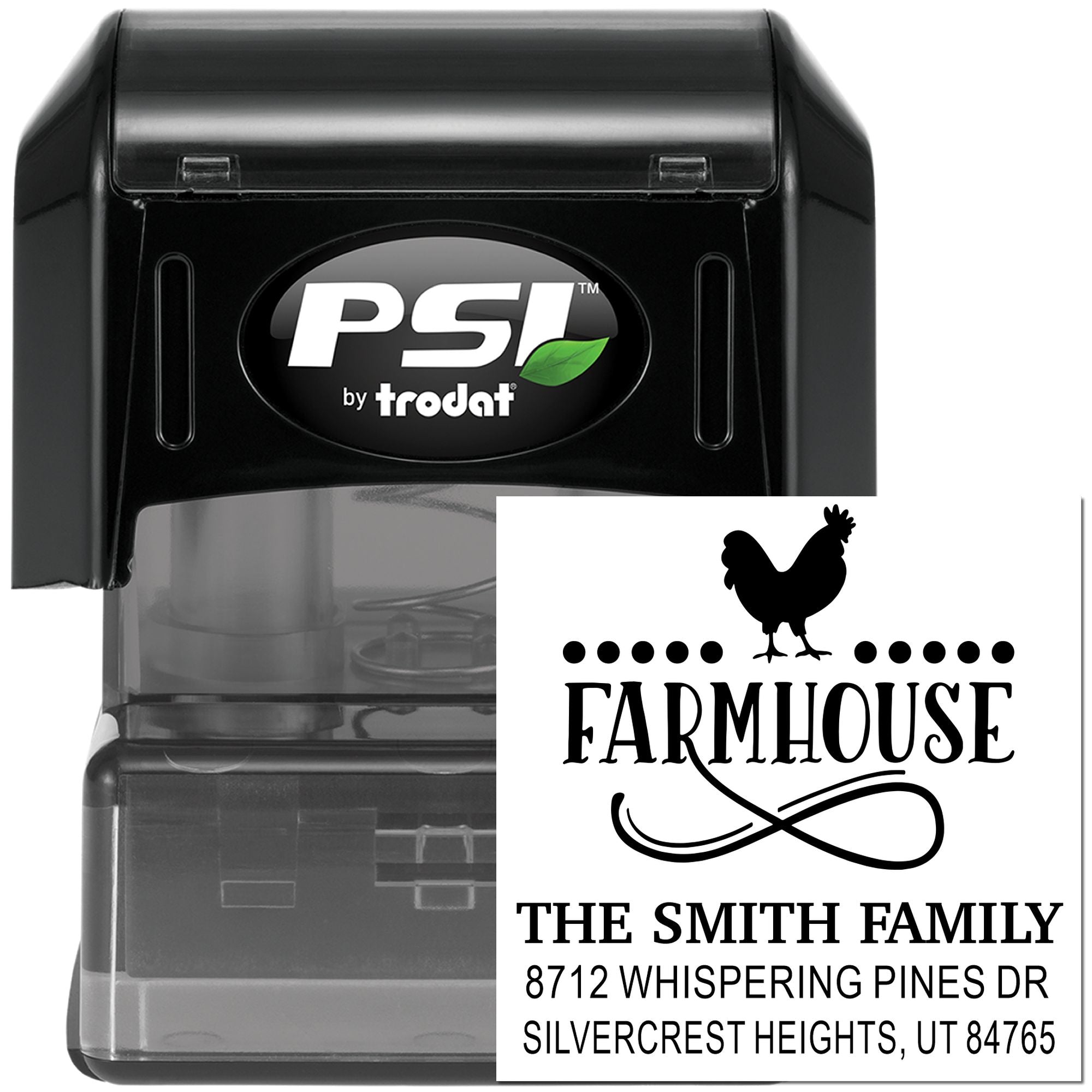 PSI by trodat self-inking stamp with custom farmhouse return address design, rooster icon, family name and address on white background.