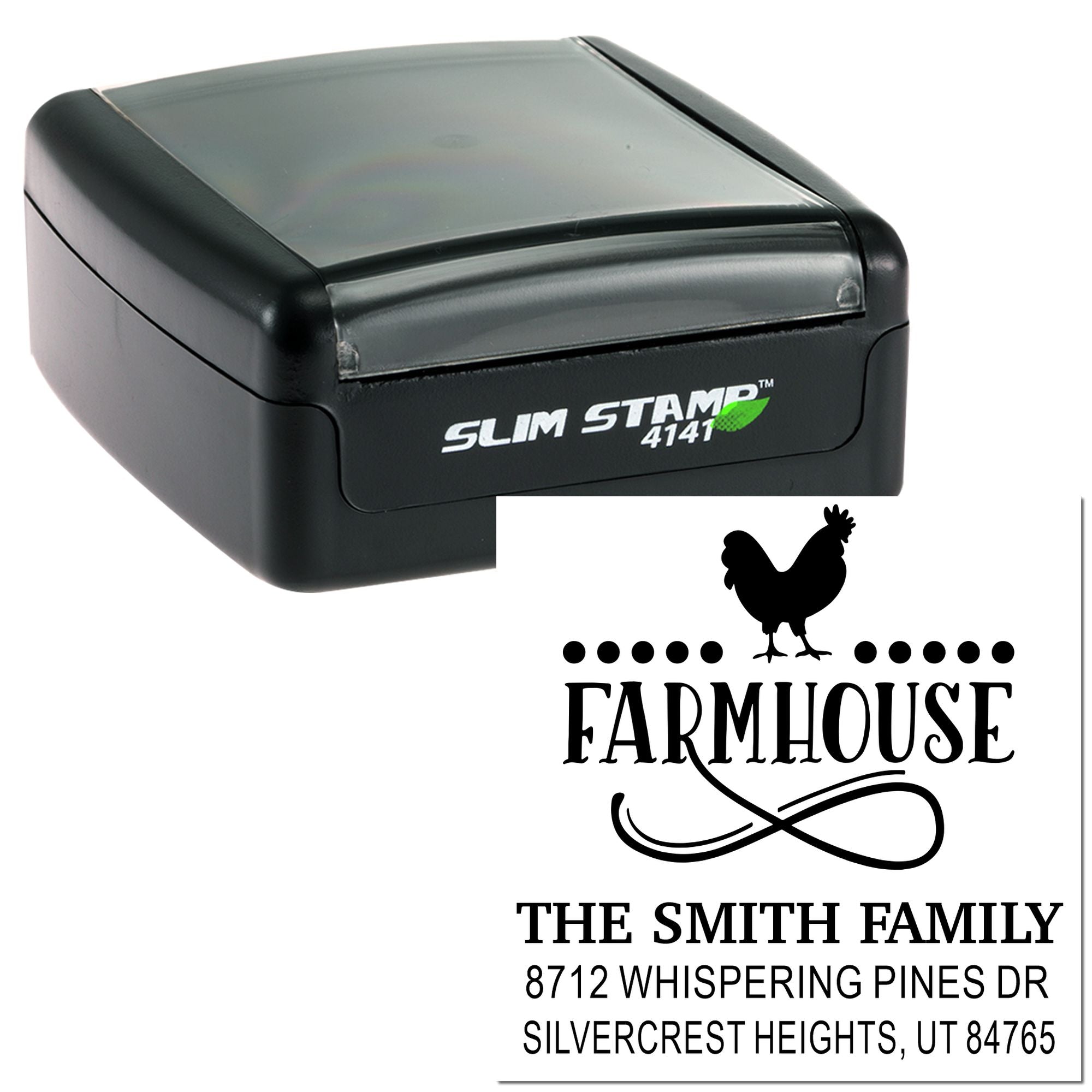 Black self-inking stamp with farmhouse return address design, rooster icon, and custom family name and address on white background.