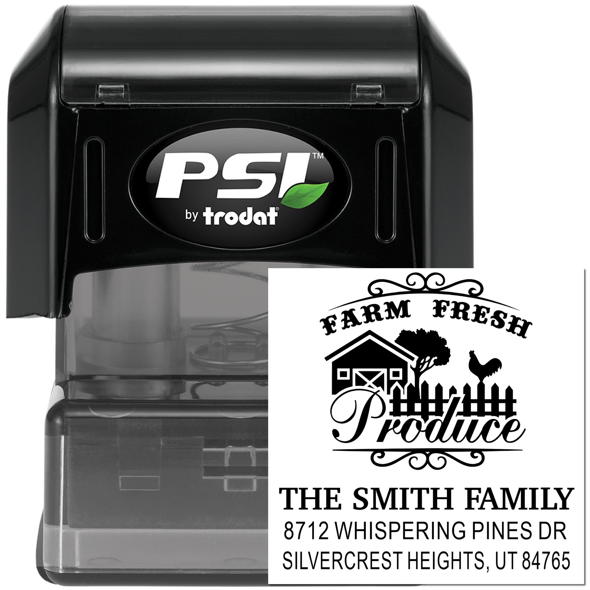 PSI by trodat self-inking stamp with Farm Fresh Produce design and The Smith Family address, shown in black stamp case on white background.