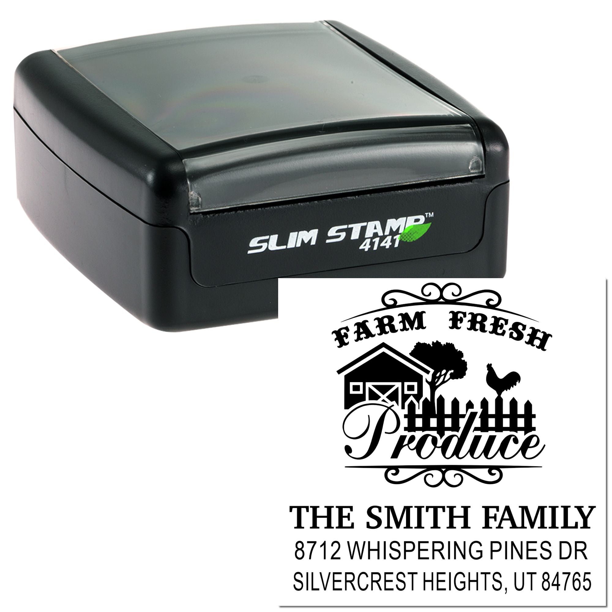 Personalized self-inking stamp with Farm Fresh Produce design, barn and rooster, plus Smith family address on a black Slim Stamp 4141.