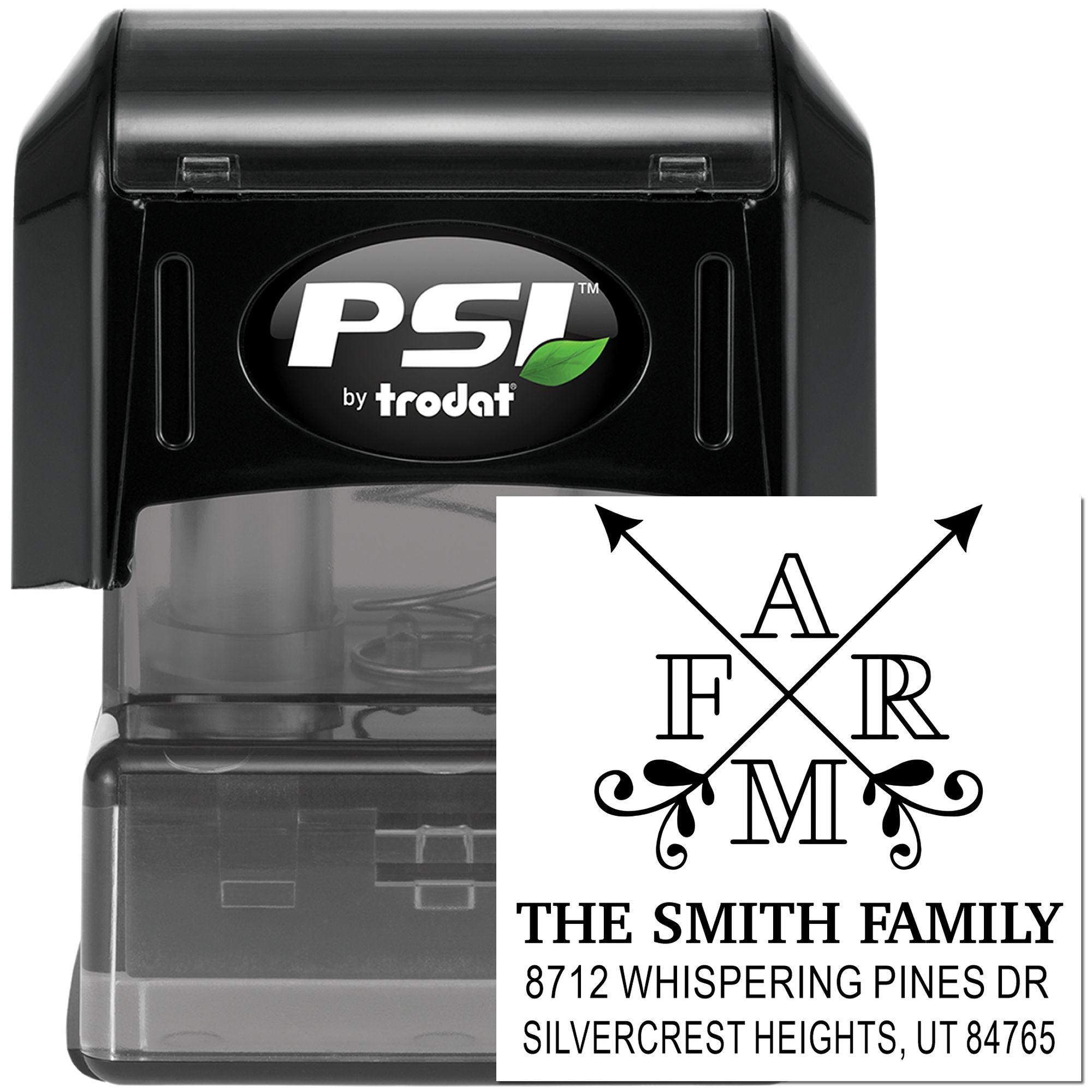 PSI by Trodat self-inking address stamp with custom family monogram, name, and address design on a black case against a white background.