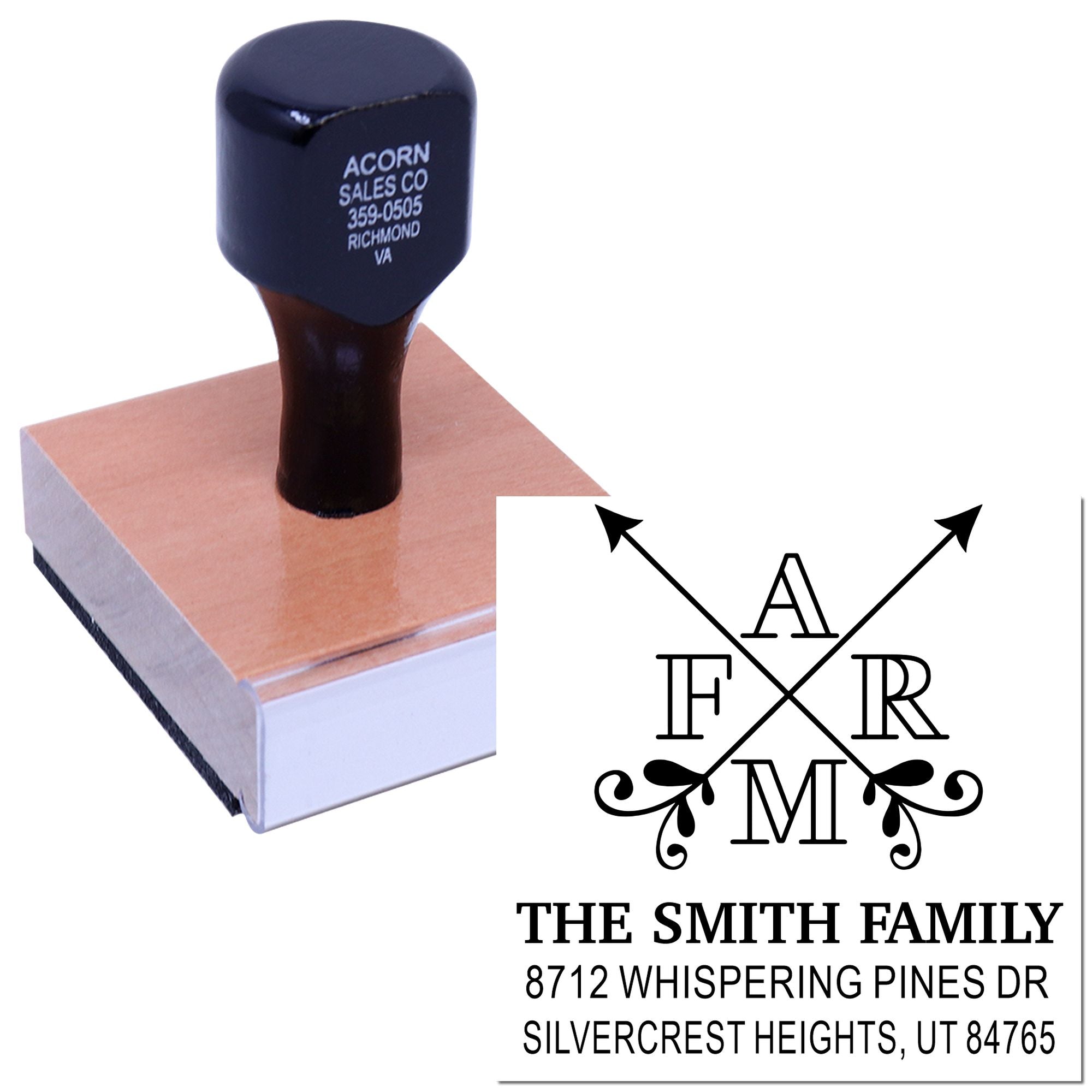 Custom return address rubber stamp with family monogram, shown as a self-inking stamp on a white background.