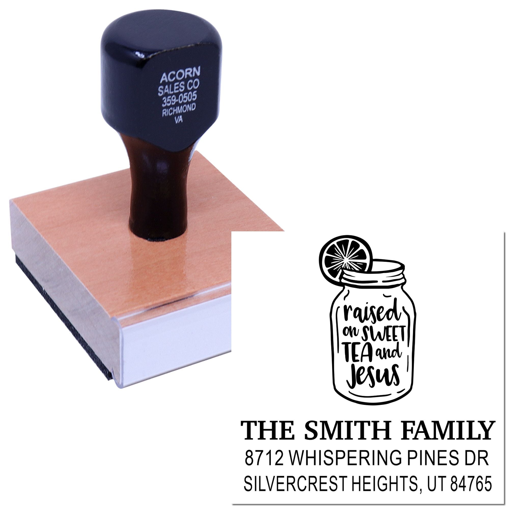 Custom rubber address stamp with mason jar design reading raised on sweet tea and Jesus, shown on a wooden stamping block with The Smith Family address.
