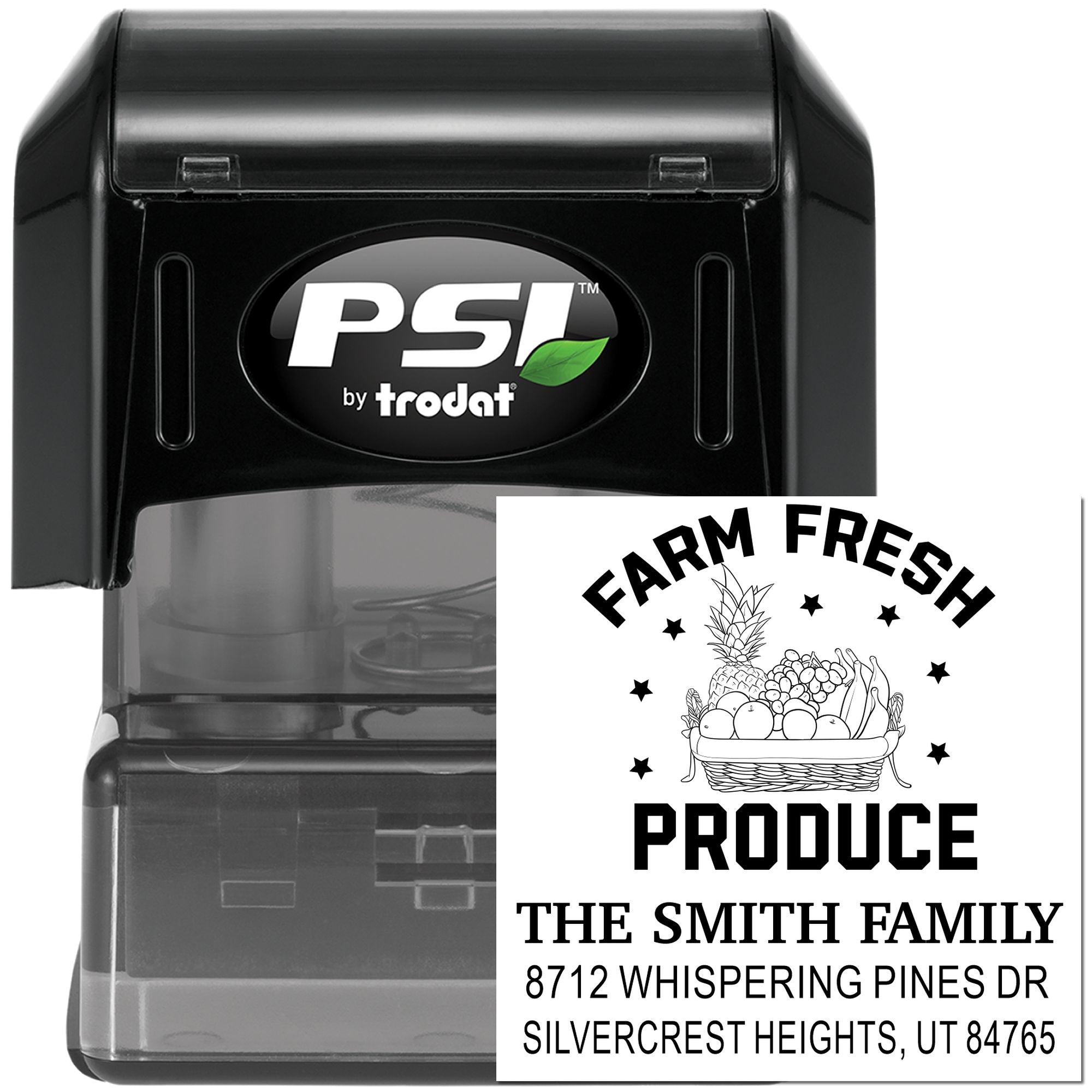 PSI by Trodat self-inking farm fresh produce stamp with fruit basket design and custom family address imprint on black stamp case.