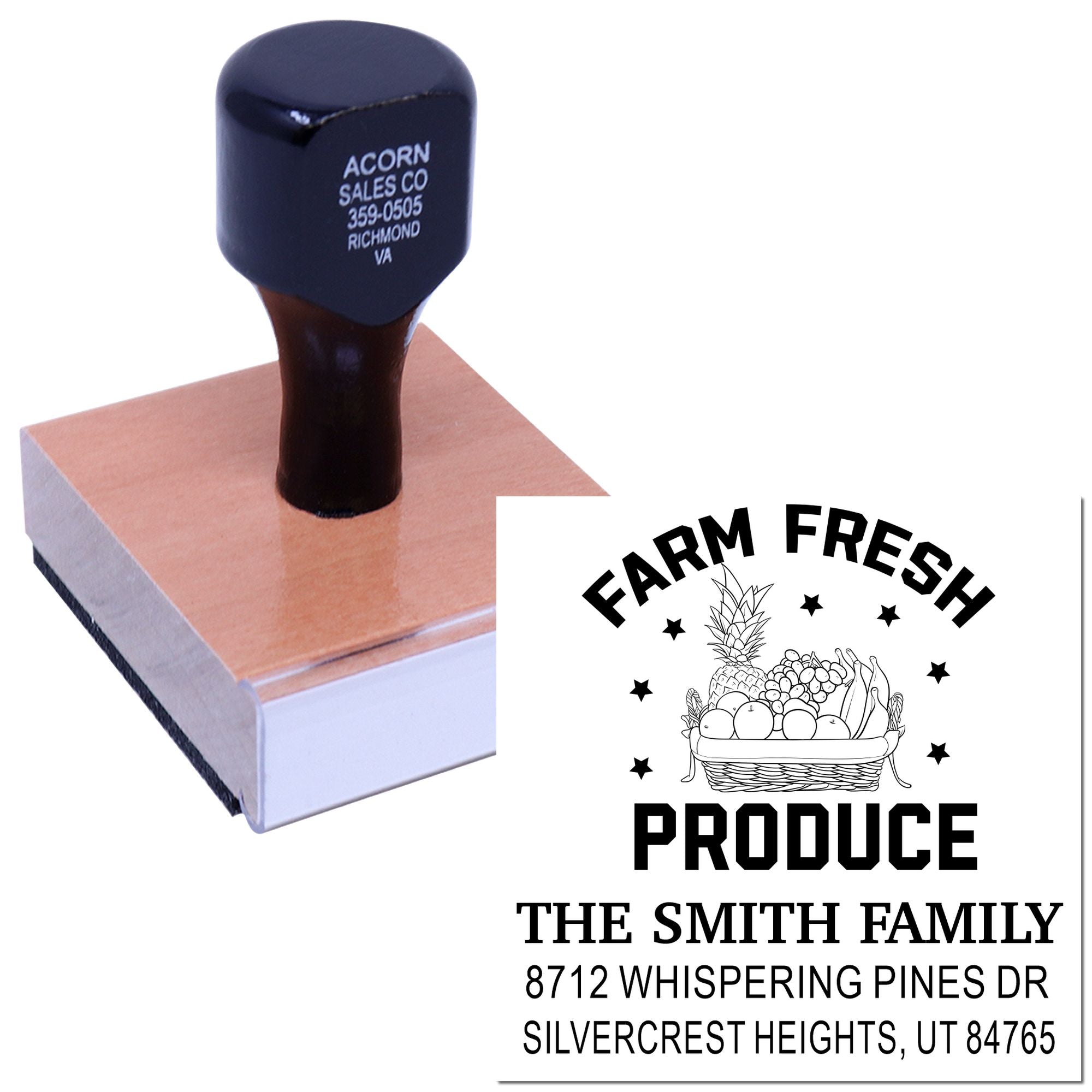 Custom rubber stamp on wooden base with Farm Fresh Produce design and family address text, shown on a white background.