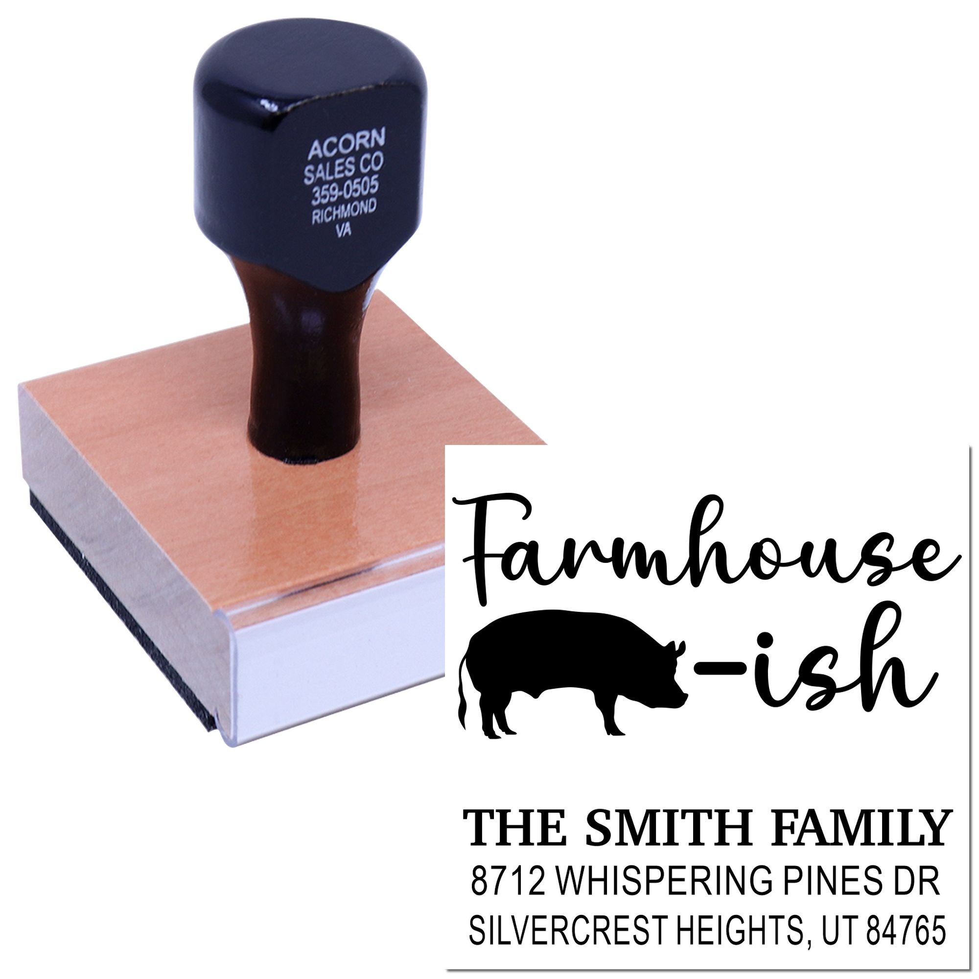 Custom farmhouse return address stamp with pig silhouette, The Smith Family name, and Utah address on a wooden stamp block.