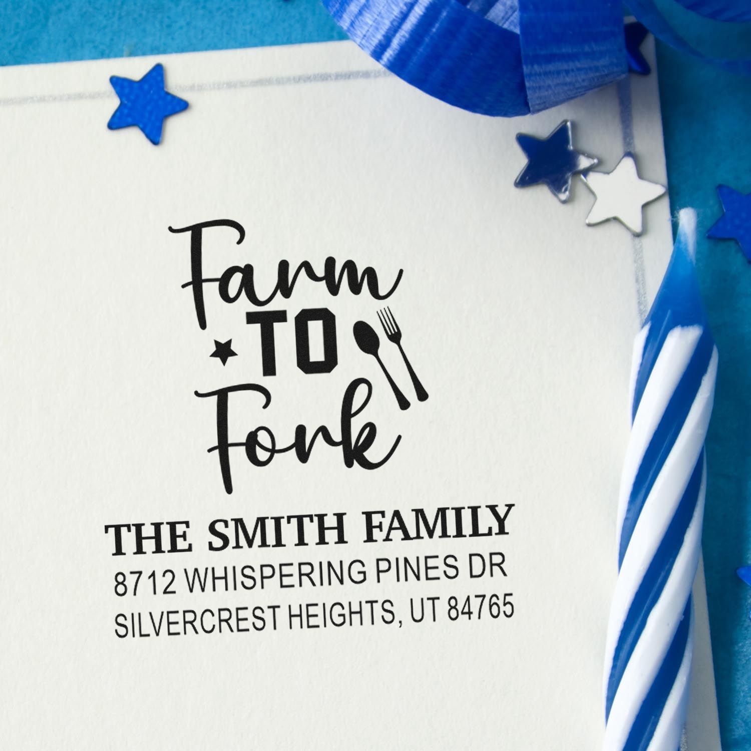 Farm to Fork custom return address stamp on white envelope, featuring The Smith Family, blue star accents, and Silvercrest Heights address.