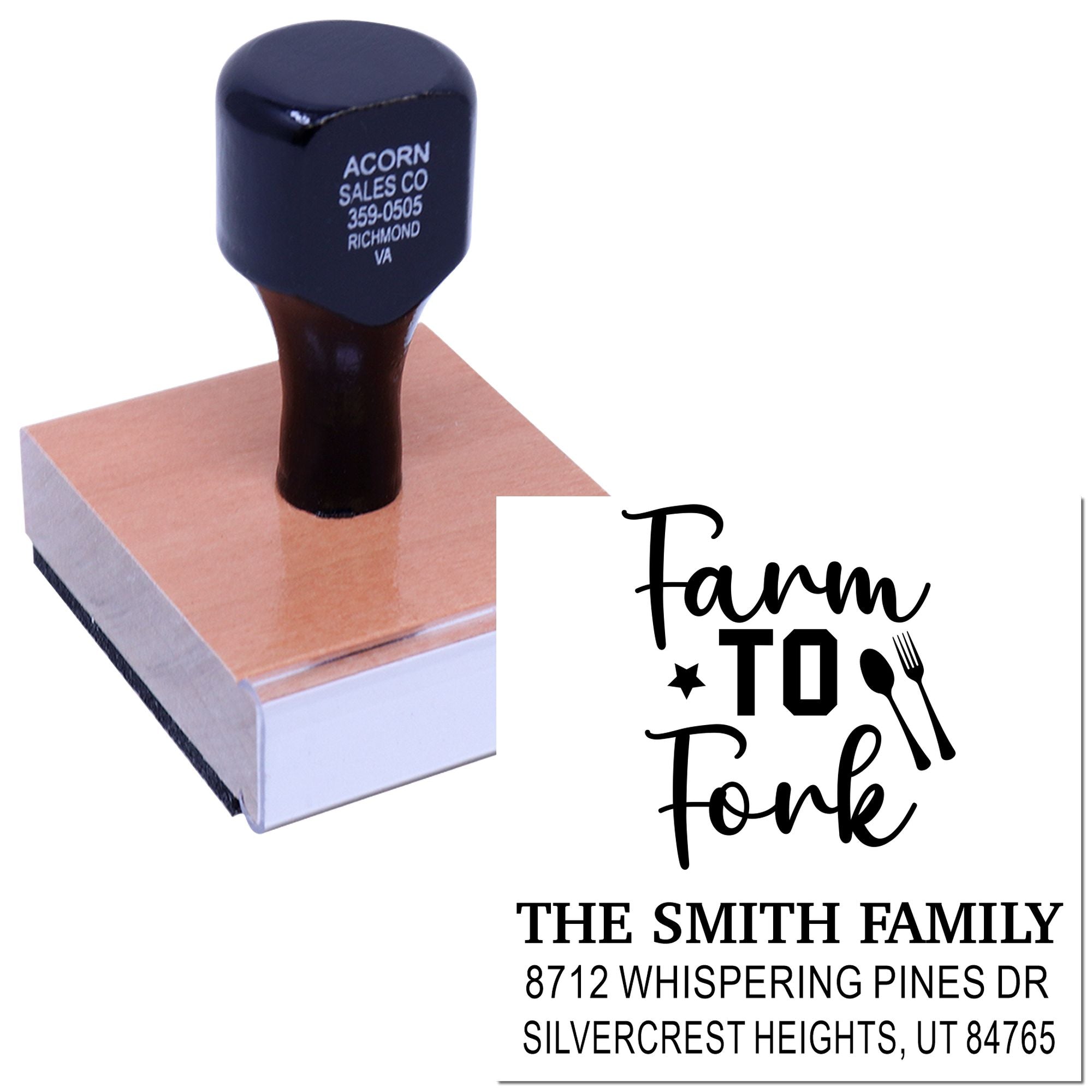 Personalized farm-to-fork rubber address stamp with wooden handle, showing The Smith Family name and Utah address on a white background.