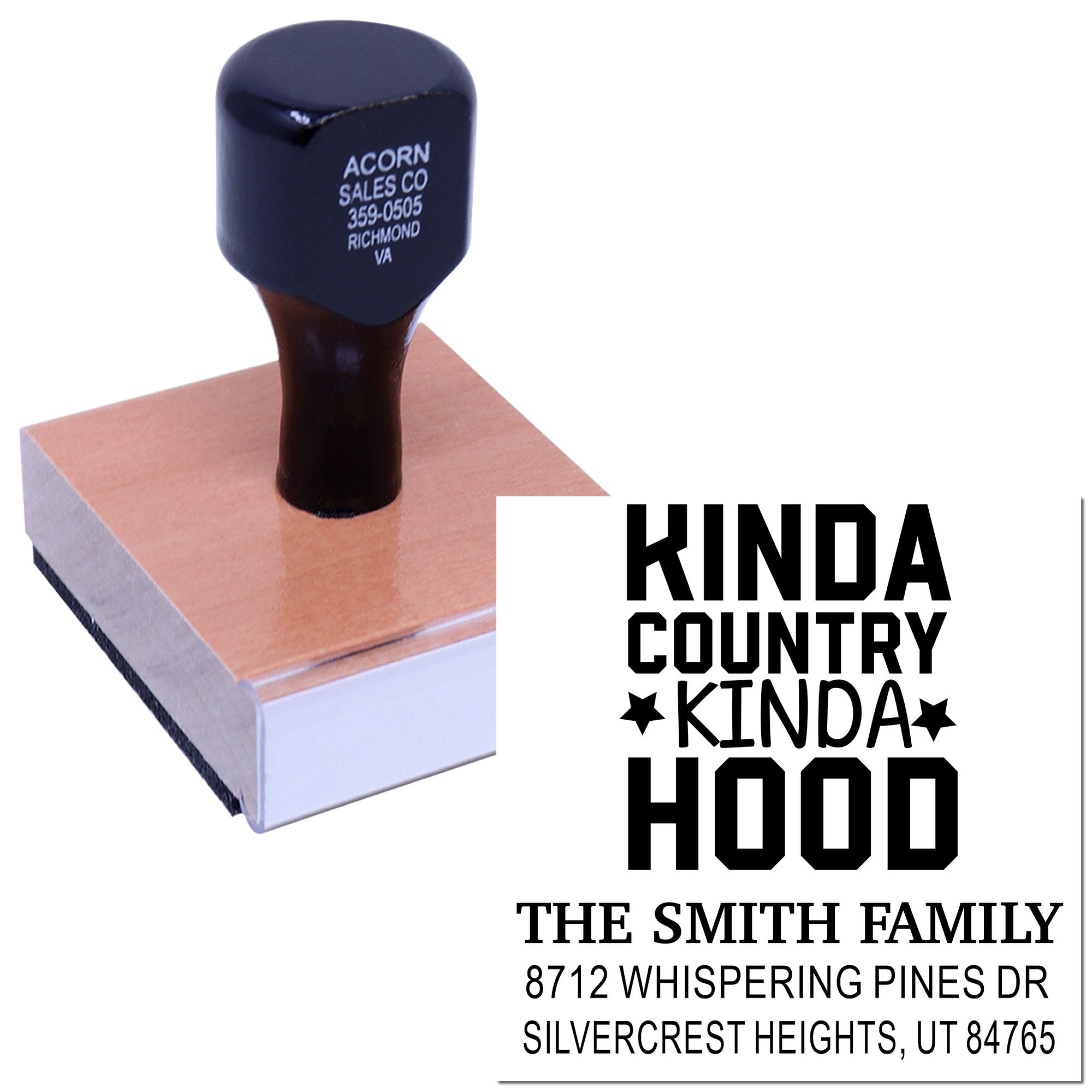 Custom self-inking address stamp on white background, with sample imprint reading Kinda Country Kinda Hood and the Smith family address.