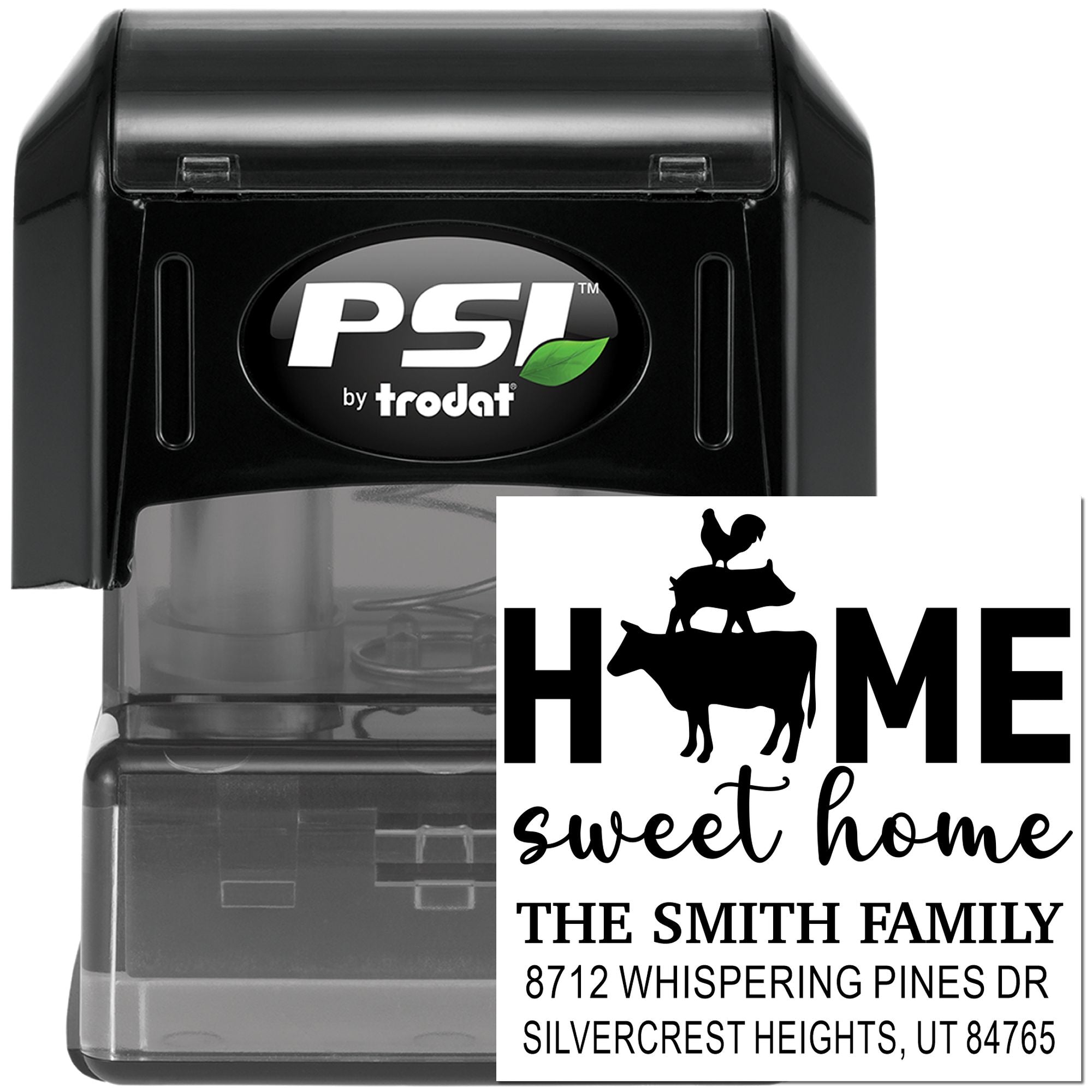 Black PSI by Trodat self-inking custom address stamp with Home sweet home farmhouse design, cow and rooster, and Smith family address.