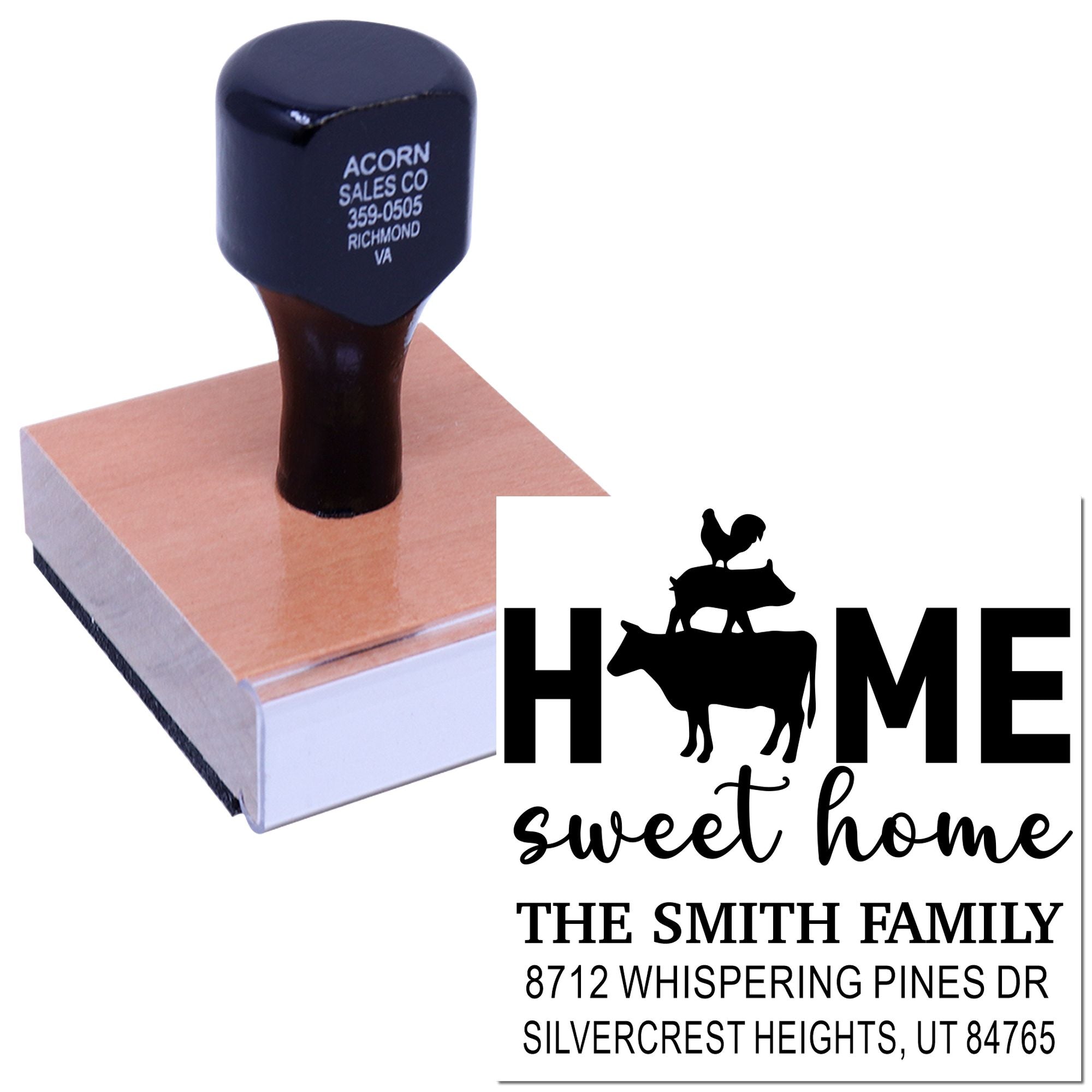 Custom address stamp with Home sweet home farmhouse design, Smith family name, and Utah address on a wooden stamp block.
