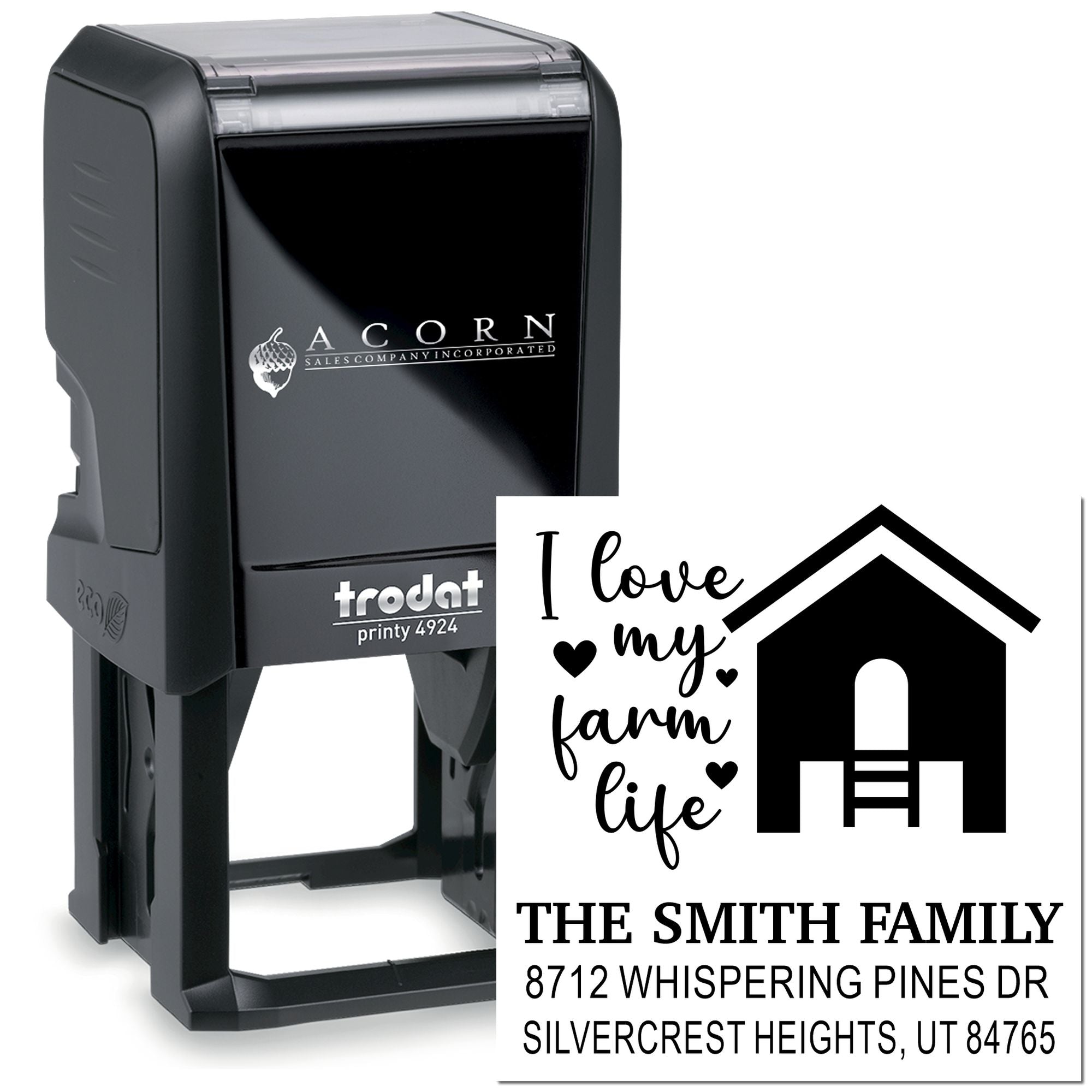 Custom self-inking address stamp with farmhouse icon, I love my farm life text, and The Smith Family address in Silvercrest Heights, UT.