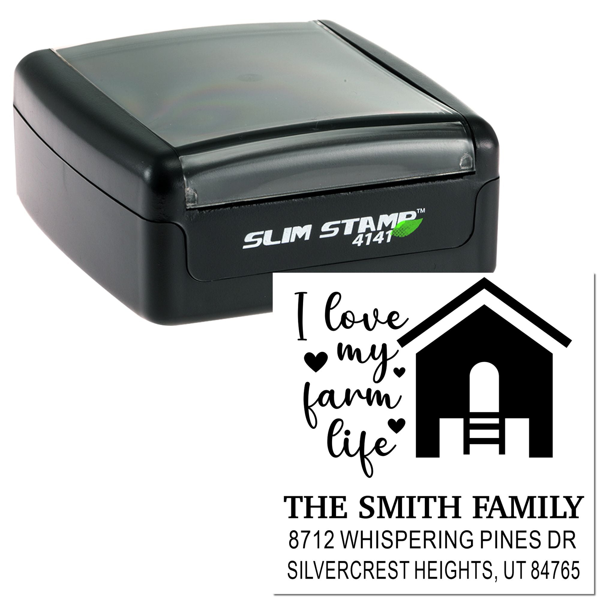 Slim self-inking address stamp with farmhouse design, I love my farm life text, and custom family name and Utah address sample.