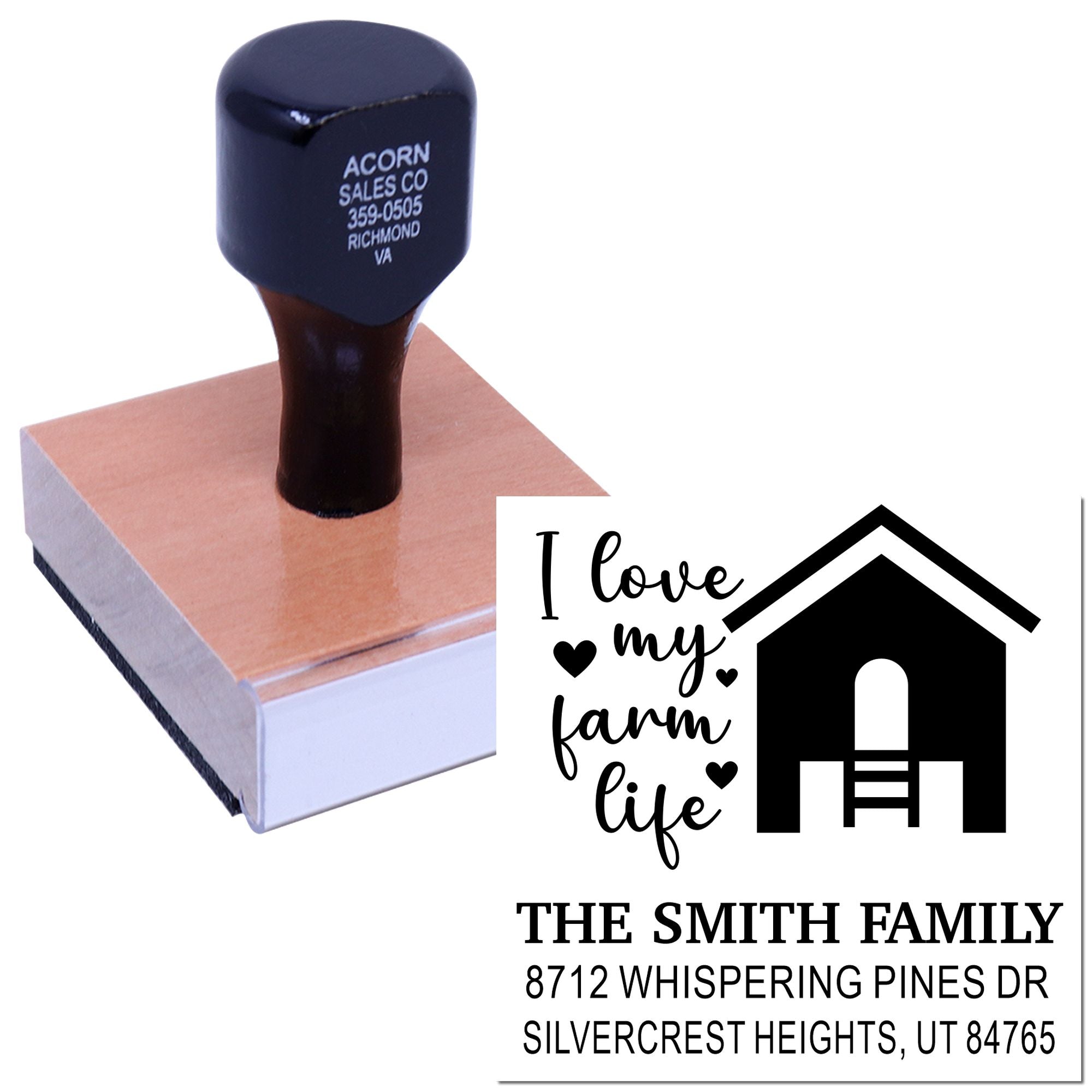 Custom farm life address stamp with barn icon and The Smith Family address, shown on a mounted wooden stamp block on a white background.