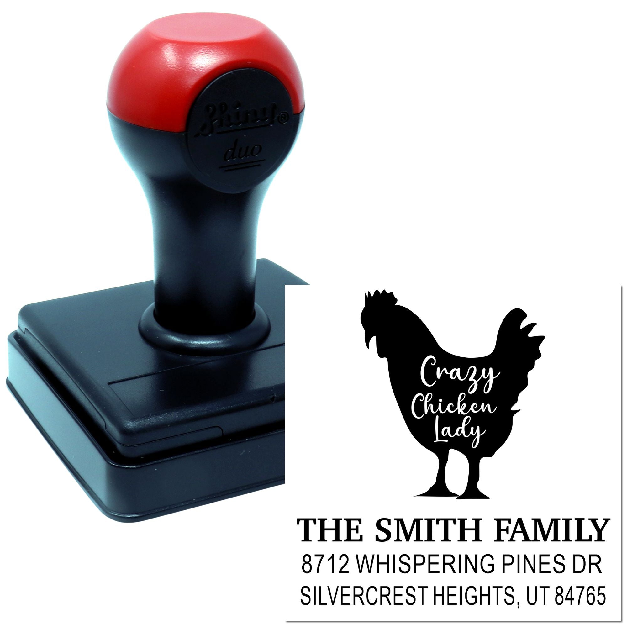 Custom self-inking stamp with chicken silhouette, Crazy Chicken Lady design, and The Smith Family return address on a white background.