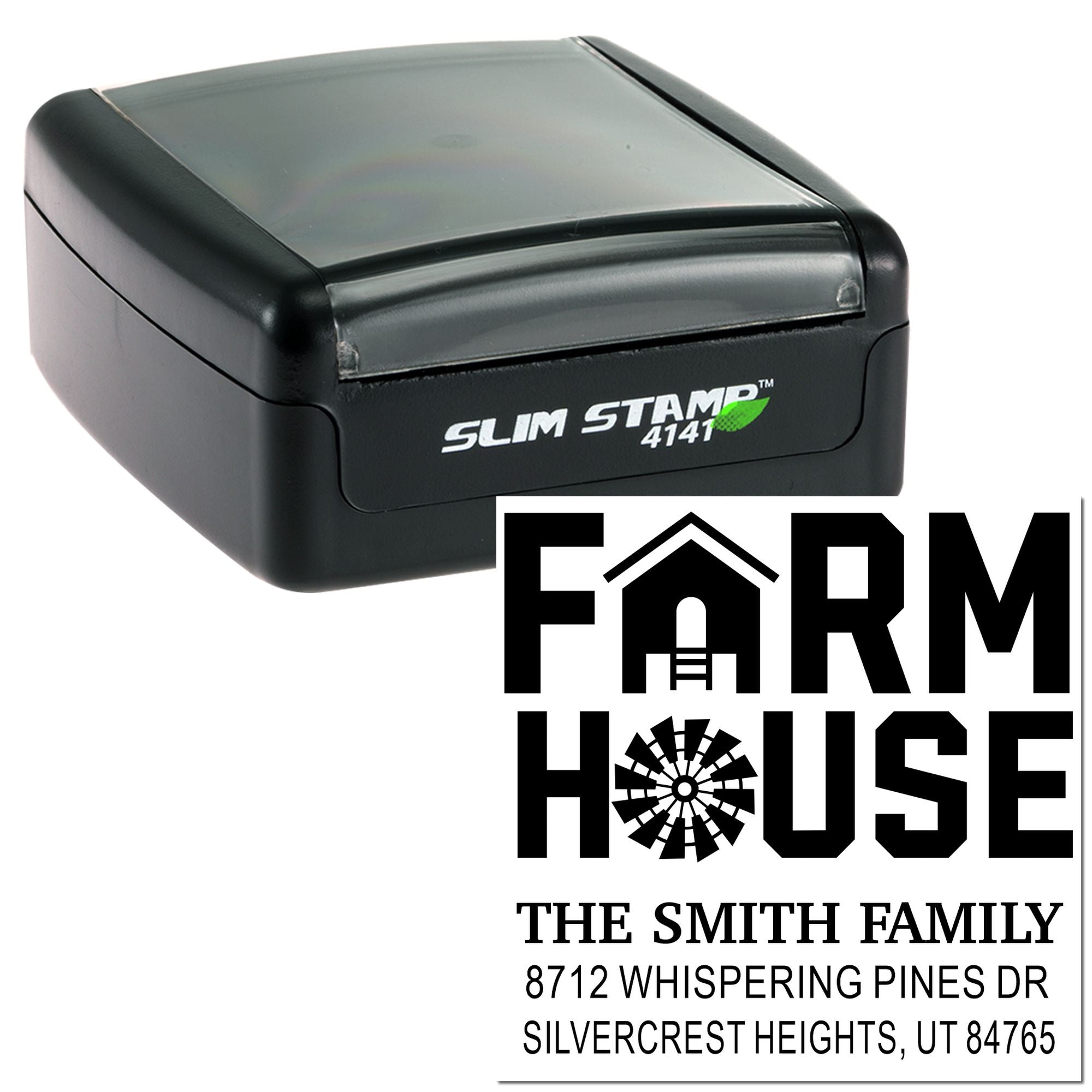 Black Slim Stamp self-inking address stamp with Farm House design, showing The Smith Family return address imprint on a white background.