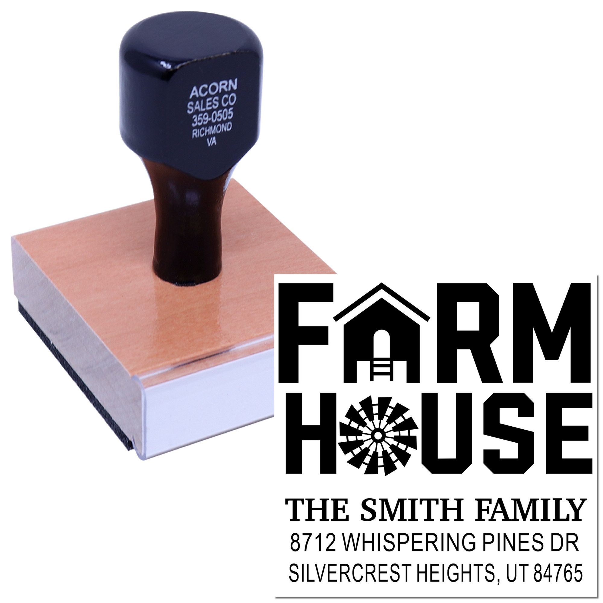 Custom self-inking address stamp with Farm House logo and The Smith Family mailing address on a white background.