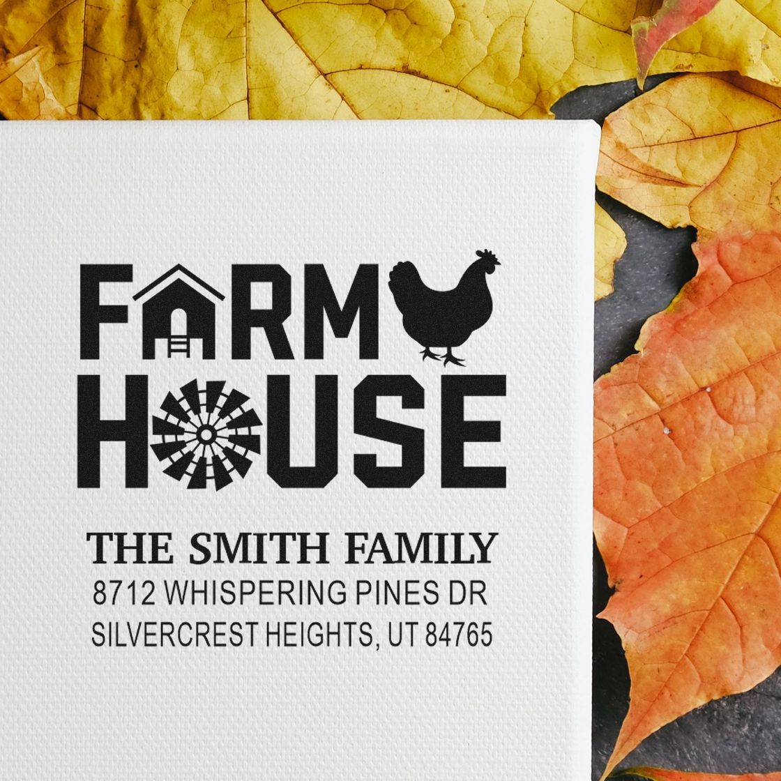 Farmhouse return address stamp with chicken and windmill logo for The Smith Family, printed on white paper with autumn leaves background.