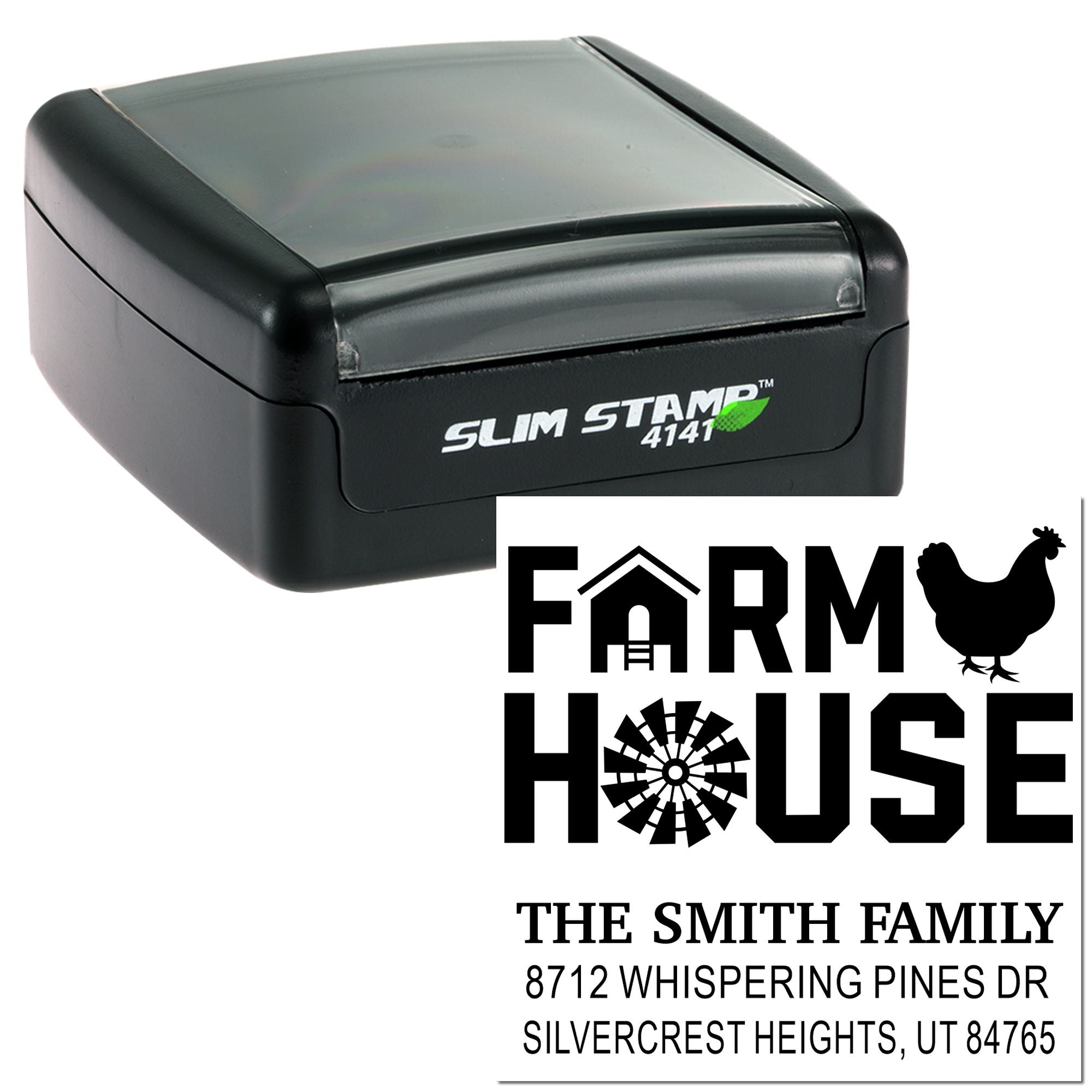 Self-inking Slim Stamp 4141 custom Farm House address stamp with The Smith Family name and Silvercrest Heights, UT return address.
