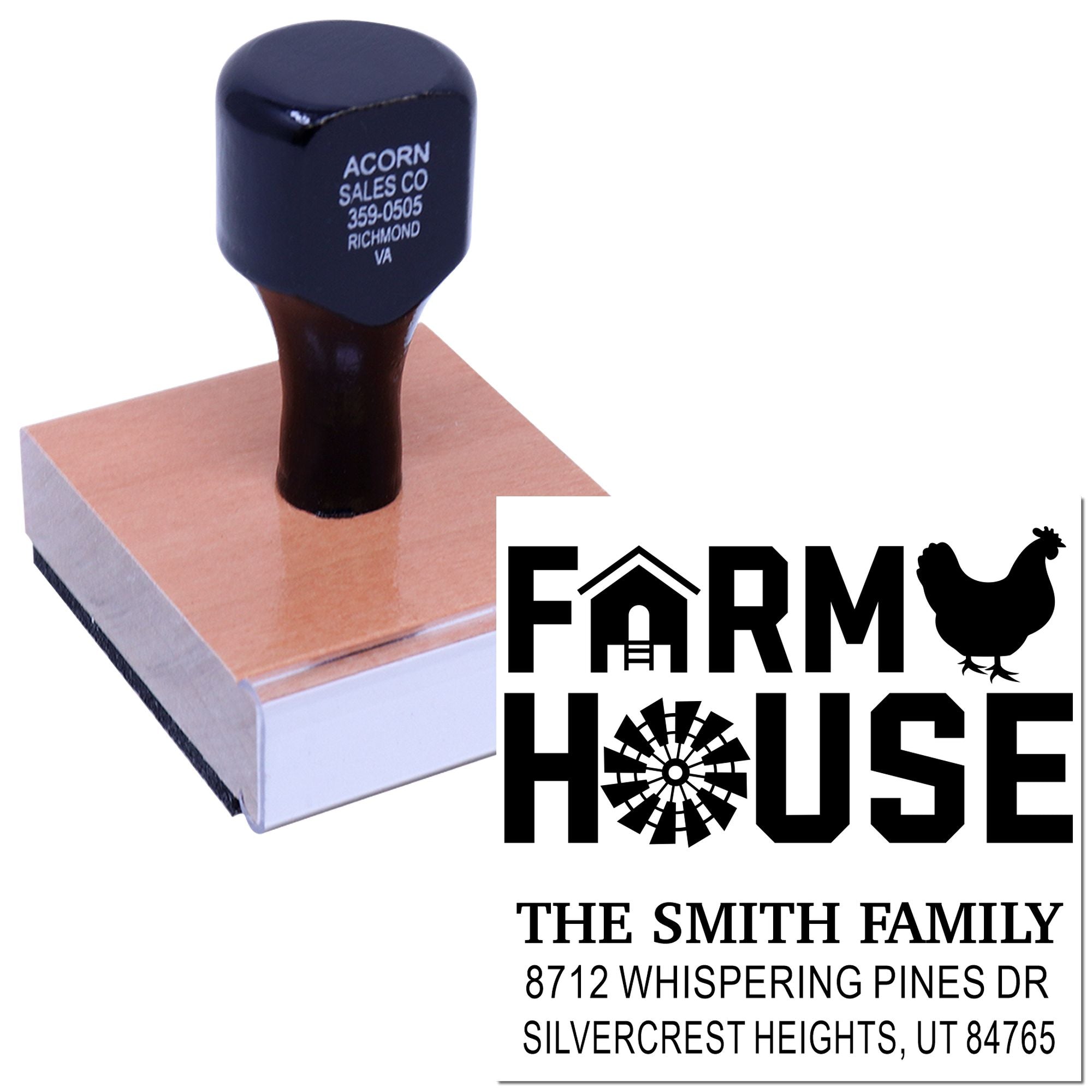 Custom farmhouse address rubber stamp on wooden block, featuring The Smith Family return address and farm logo imprint on a white background.