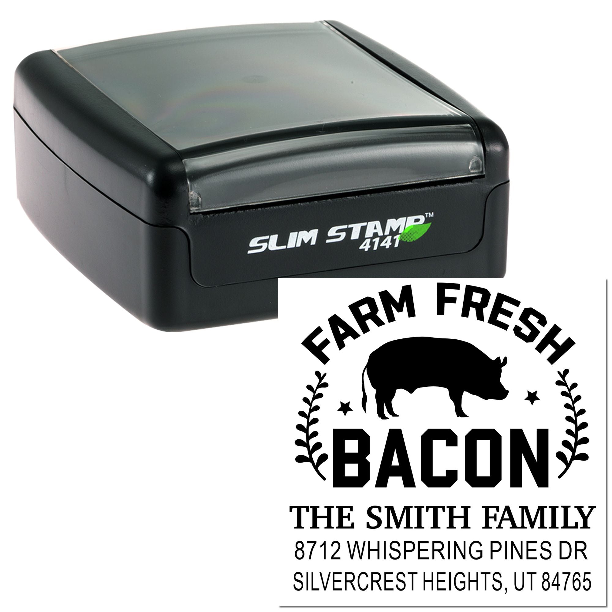 Self-inking Slim Stamp with custom Farm Fresh Bacon return address design, showing pig logo, family name, street address and city.