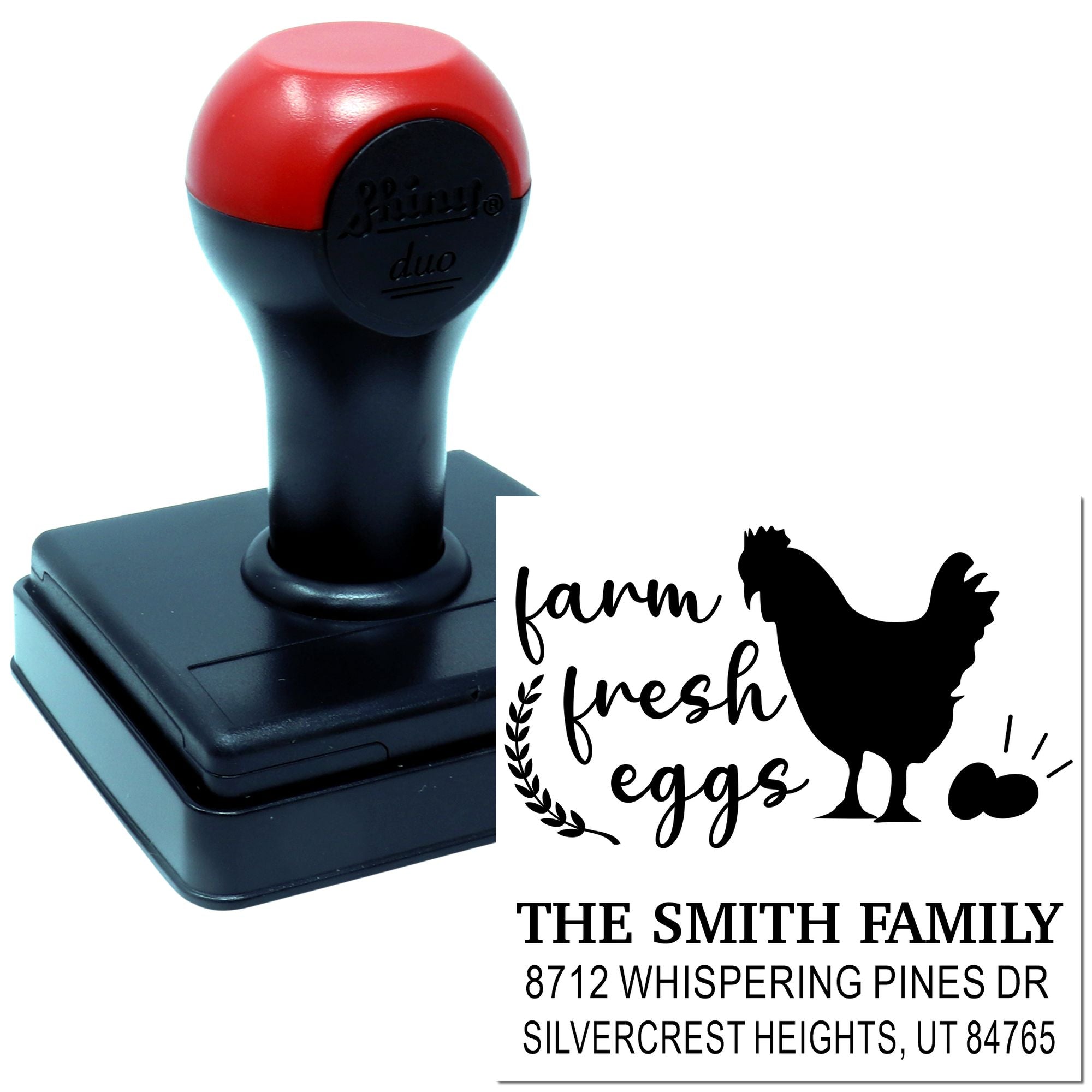 Custom self-inking address stamp with red and black handle, featuring farmhouse chicken, farm fresh eggs, and The Smith Family address on white background.