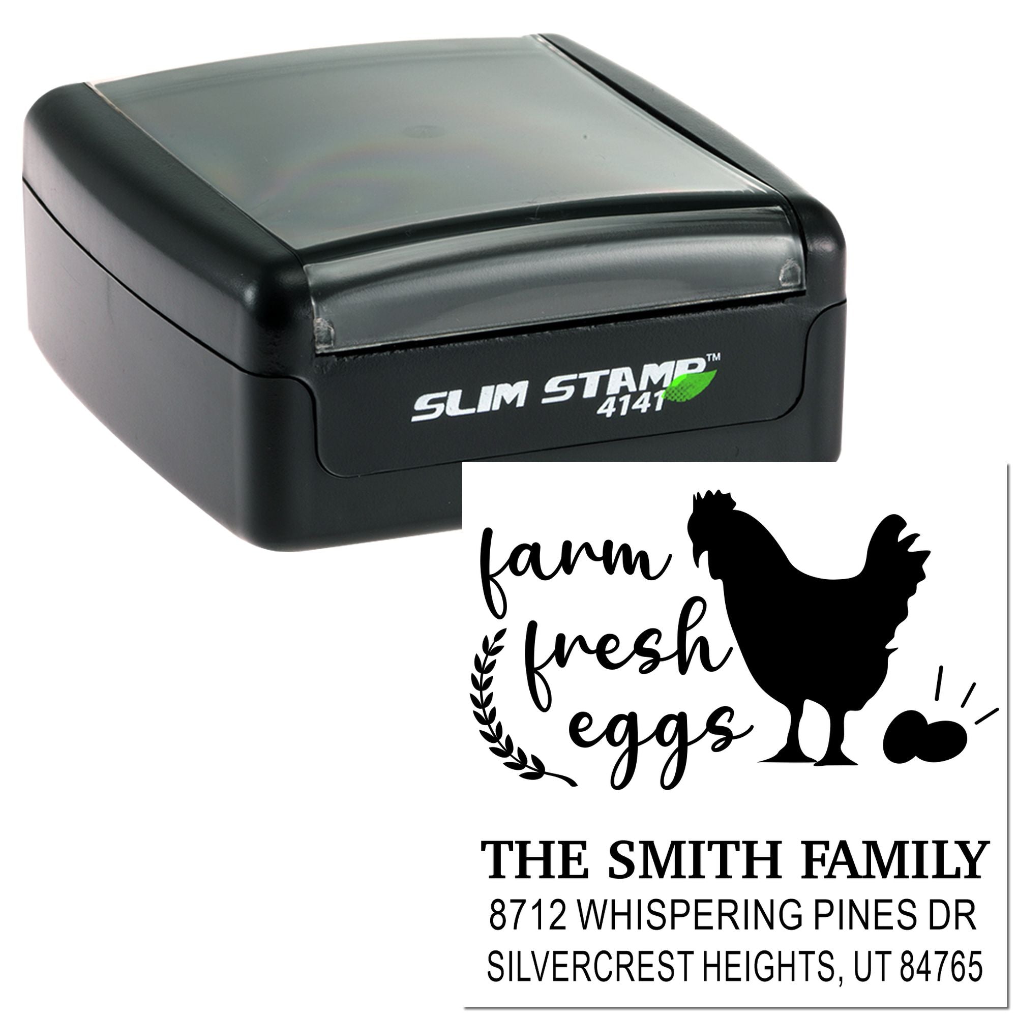 Custom self-inking stamp with farm fresh eggs chicken design and return address, shown on a black Slim Stamp 4141 on white background.