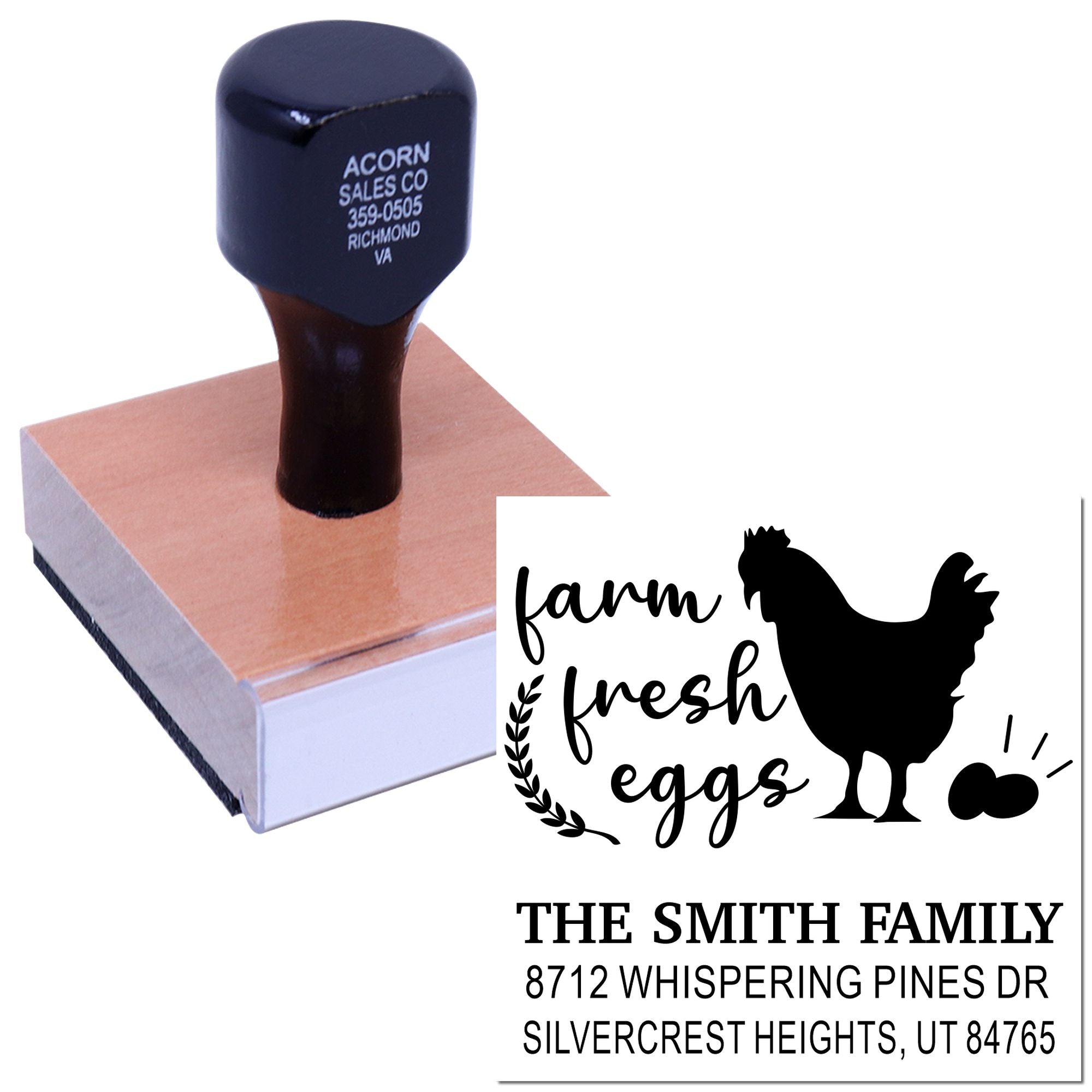 Custom farm fresh eggs rubber address stamp with chicken silhouette, family name and address on a square wooden stamp block, on white background.