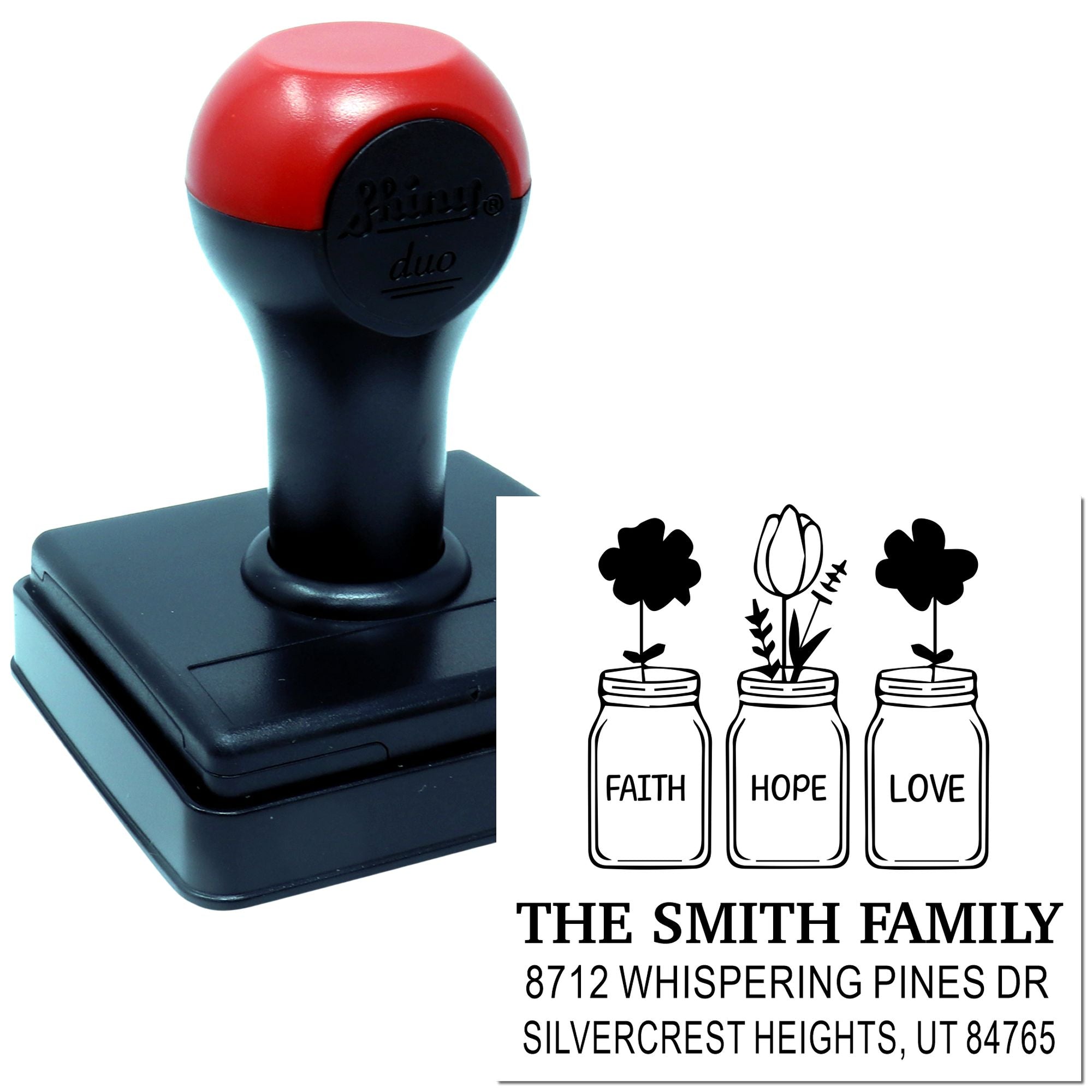 Custom self-inking address stamp with faith, hope and love jar design, Smith family name and Utah address on a white background.