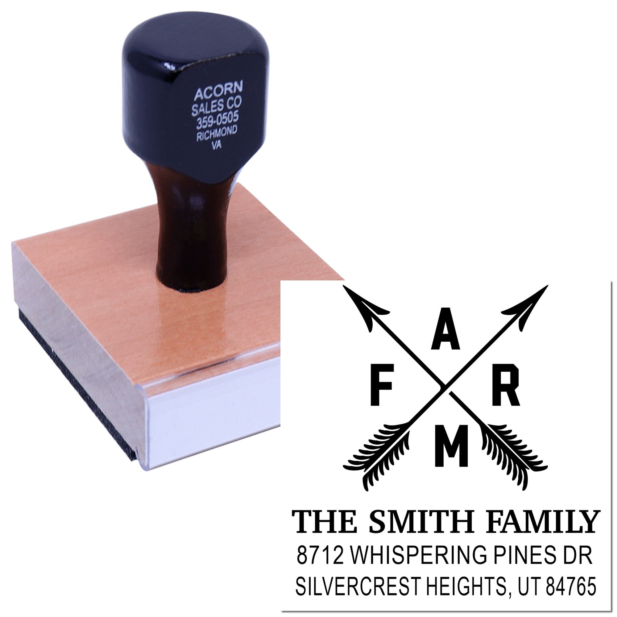 Custom family address stamp with monogram and return address on a wooden rubber stamp block against a white background.