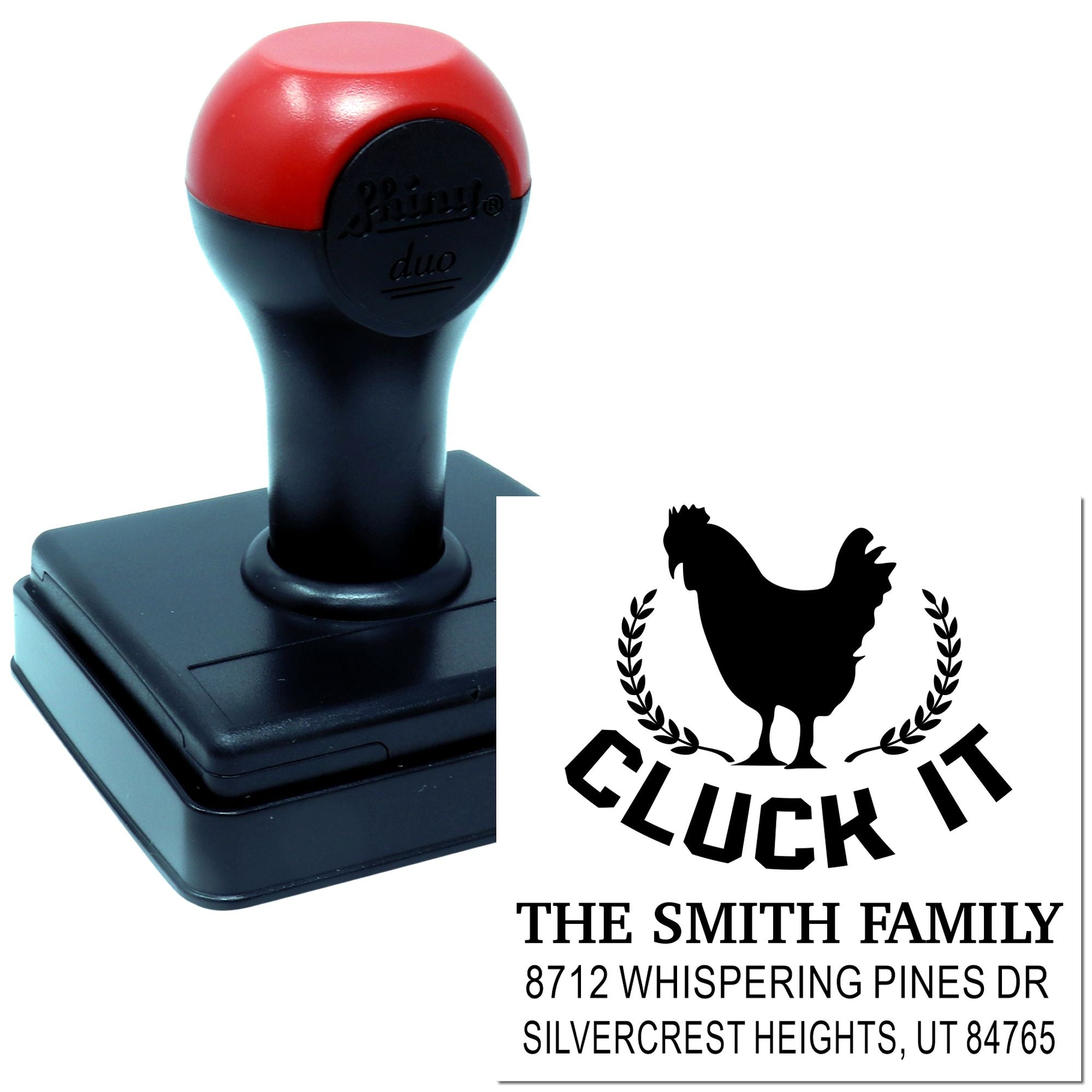 Custom self-inking Cluck It address stamp with rooster design and Smith family return address on white background.