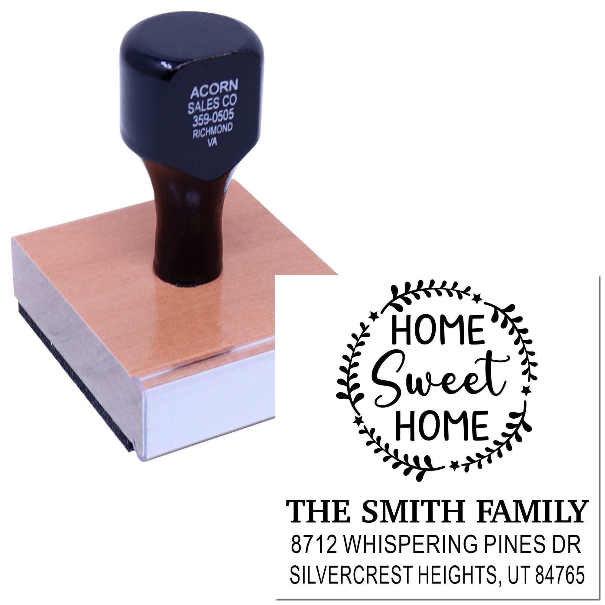 Custom rubber address stamp with Home Sweet Home design, Smith family name, and Utah address on a white background.