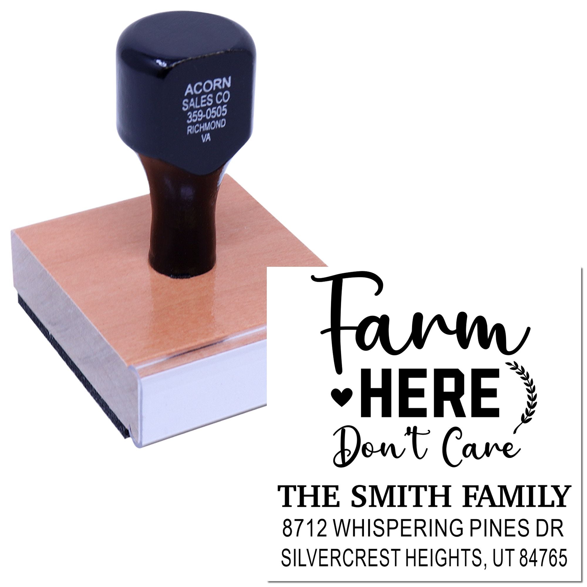 Custom address rubber stamp on wooden block with Farm Here Dont Care design, showing The Smith Family name and Utah address.