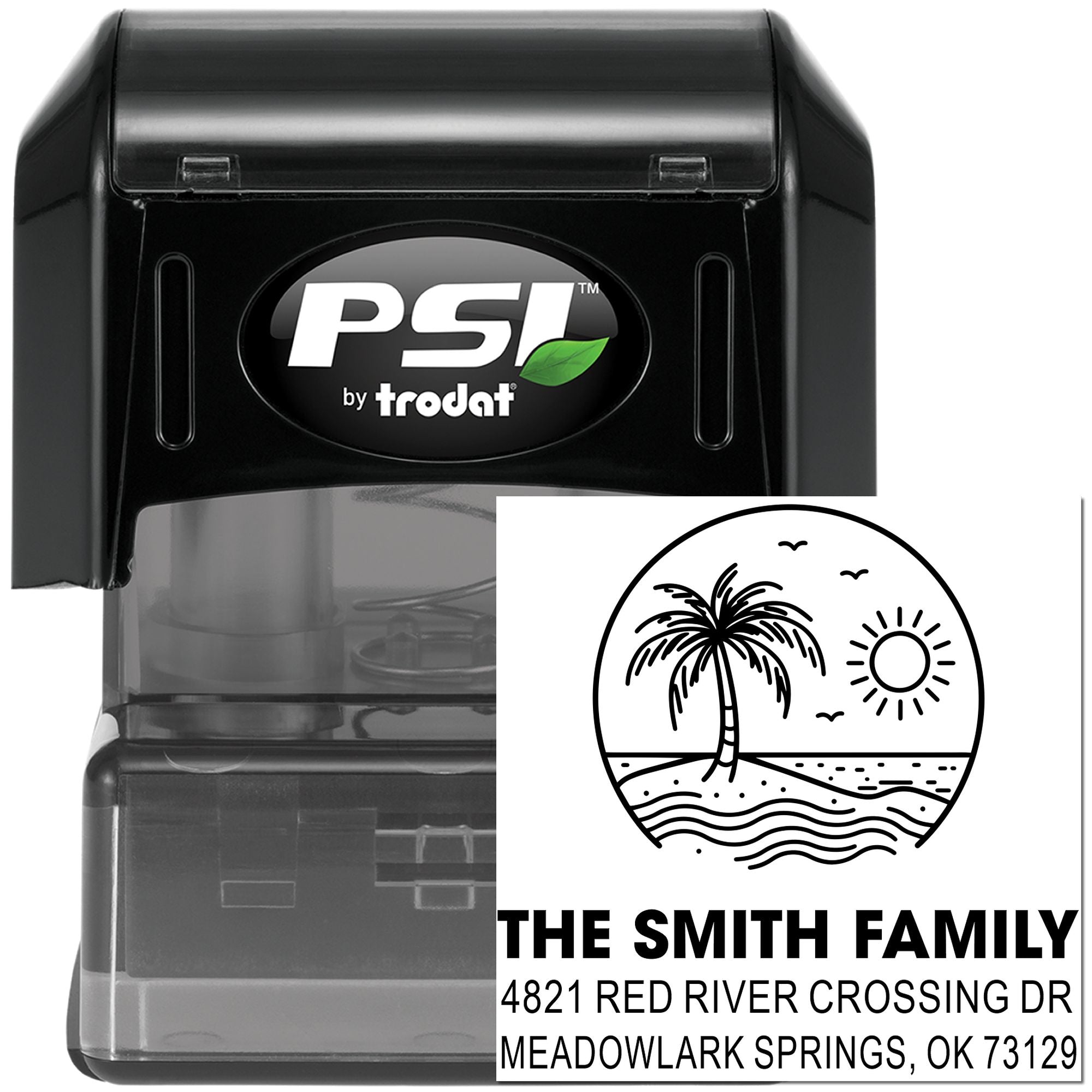 PSI by Trodat self-inking custom address stamp with tropical beach palm tree design, shown on a white background.