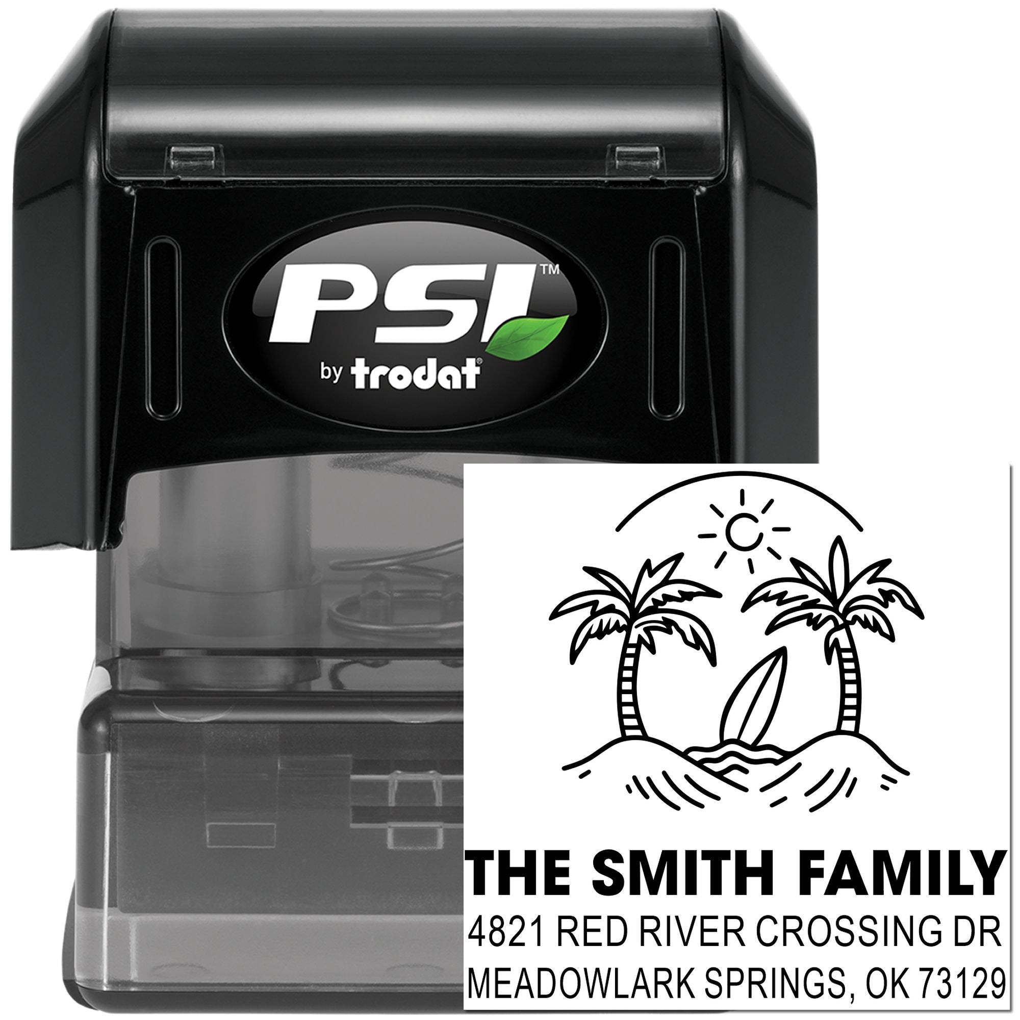 PSI by Trodat self-inking custom address stamp with tropical palm tree design, featuring The Smith Family and mailing address on a white background.