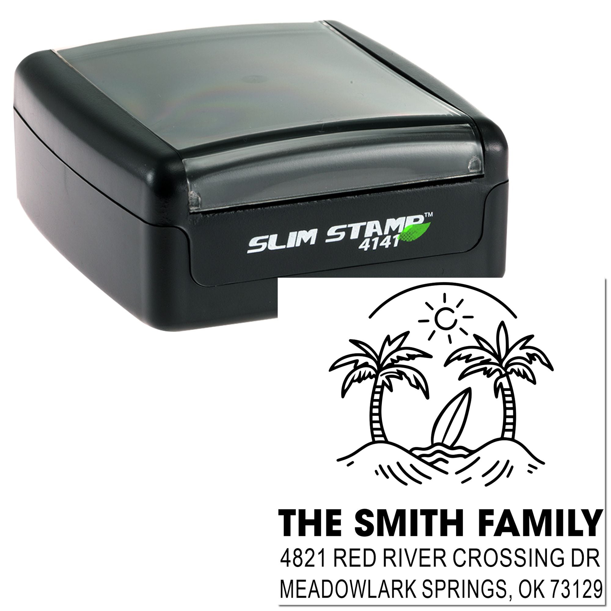Custom self-inking Slim Stamp 4141 with tropical palm tree design and The Smith Family address in Meadowlark Springs, OK.