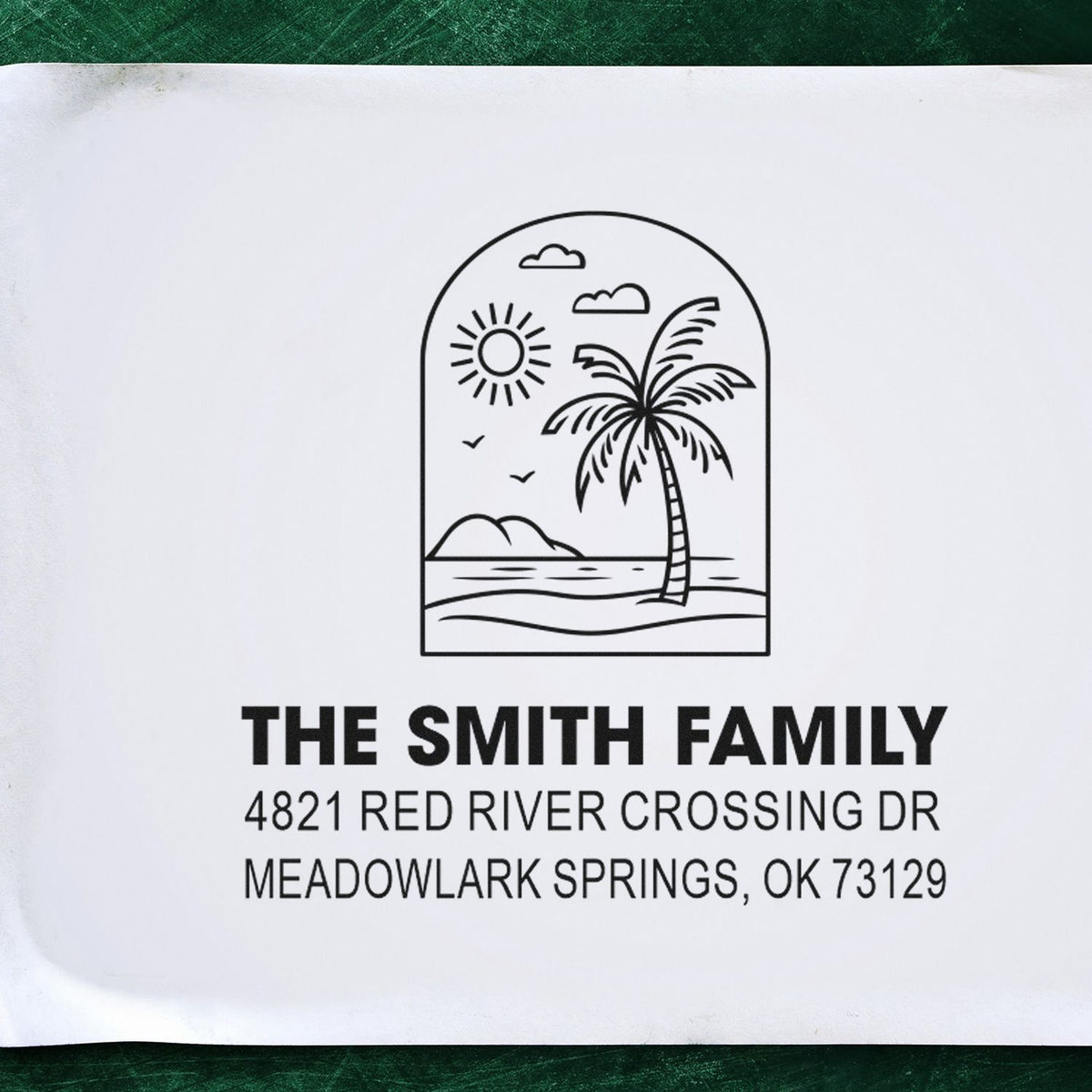 Custom return address stamp for The Smith Family with tropical beach palm tree, sun, clouds, and island scene, Meadowlark Springs, OK.