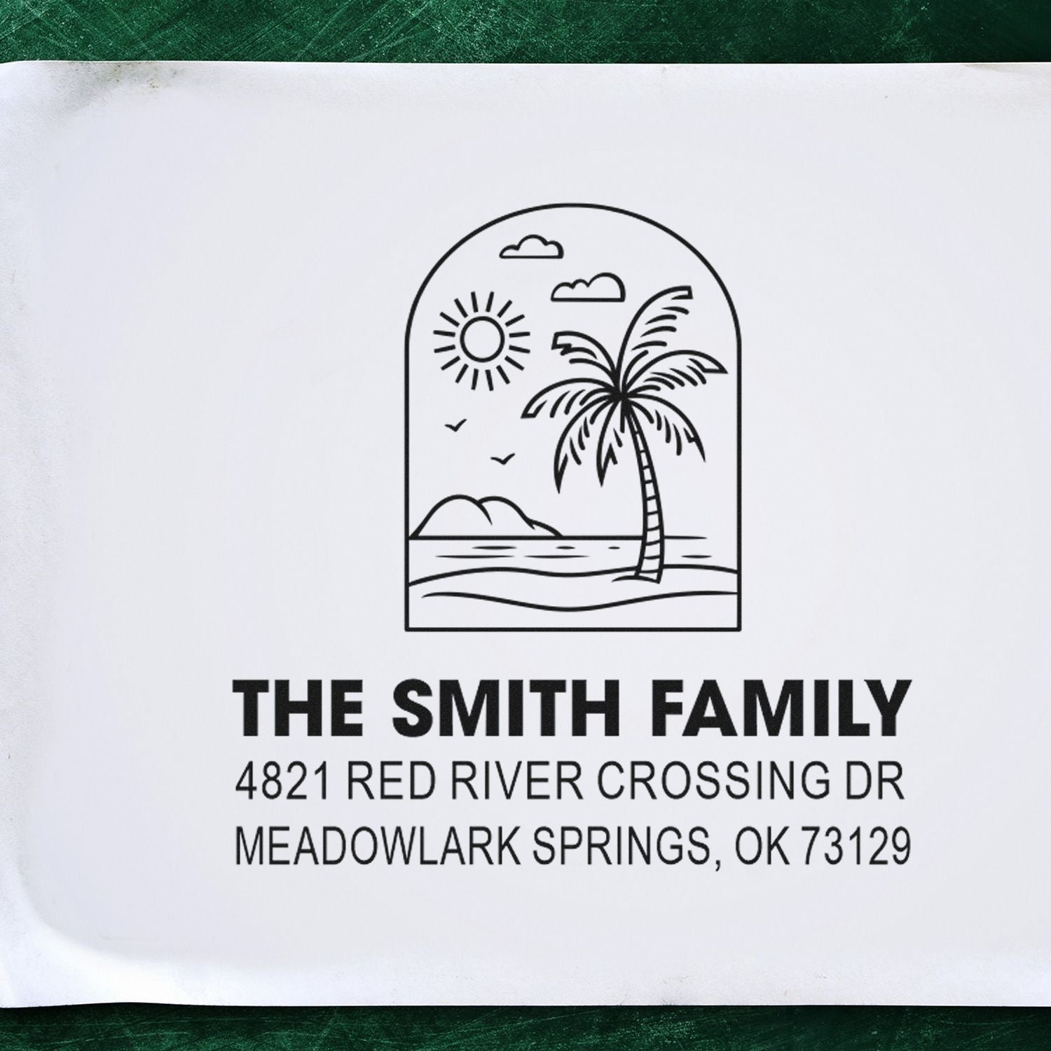 Custom family address stamp with tropical beach palm tree, sun and ocean design for The Smith Family, Meadowlark Springs, OK 73129.