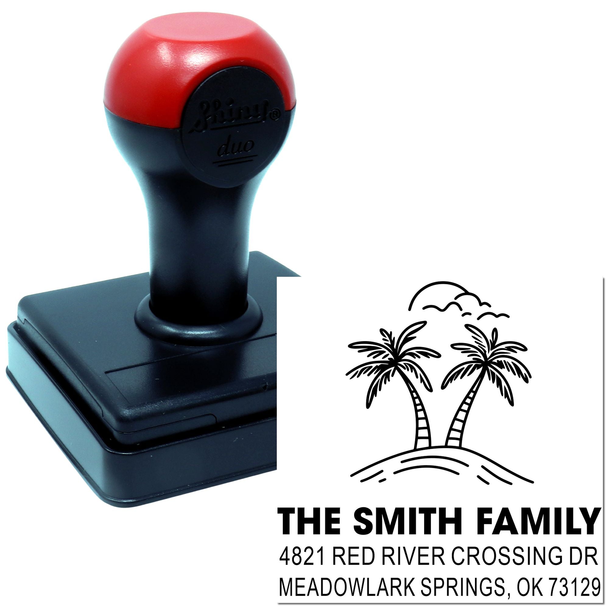 Self-inking custom address stamp with palm tree logo and The Smith Family text on a white product display.
