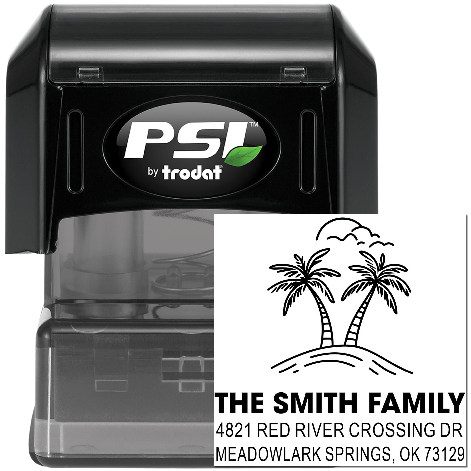 PSI by Trodat self-inking address stamp with palm tree design and custom family address, shown on a white background beside its imprint.
