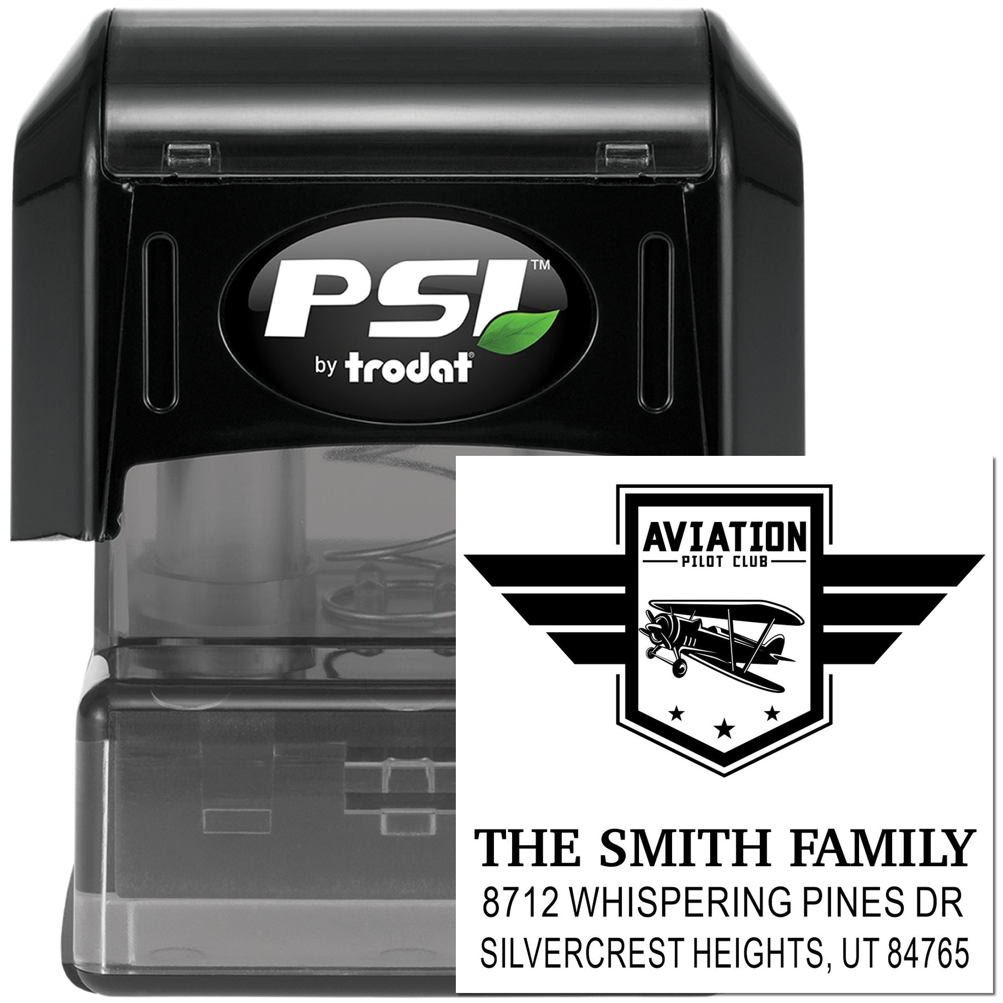 PSI by Trodat self-inking address stamp with Aviation Pilot Club logo and The Smith Family address on a black stamp case.