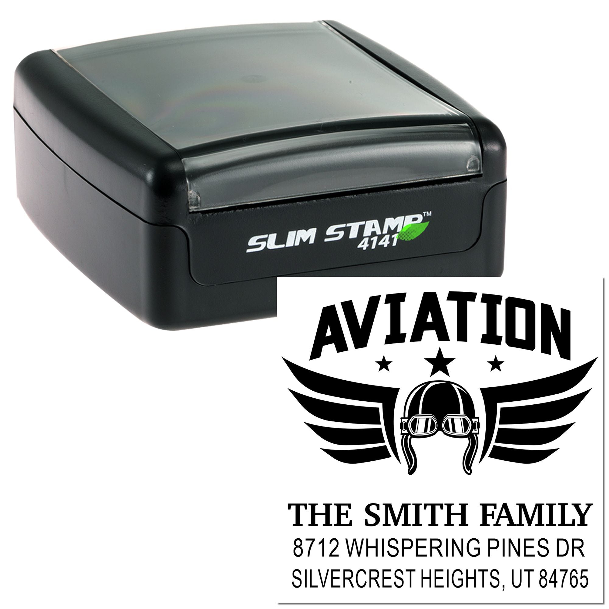 Slim Stamp 4141 self-inking custom aviation address stamp with winged pilot logo, family name, and Utah address imprint.