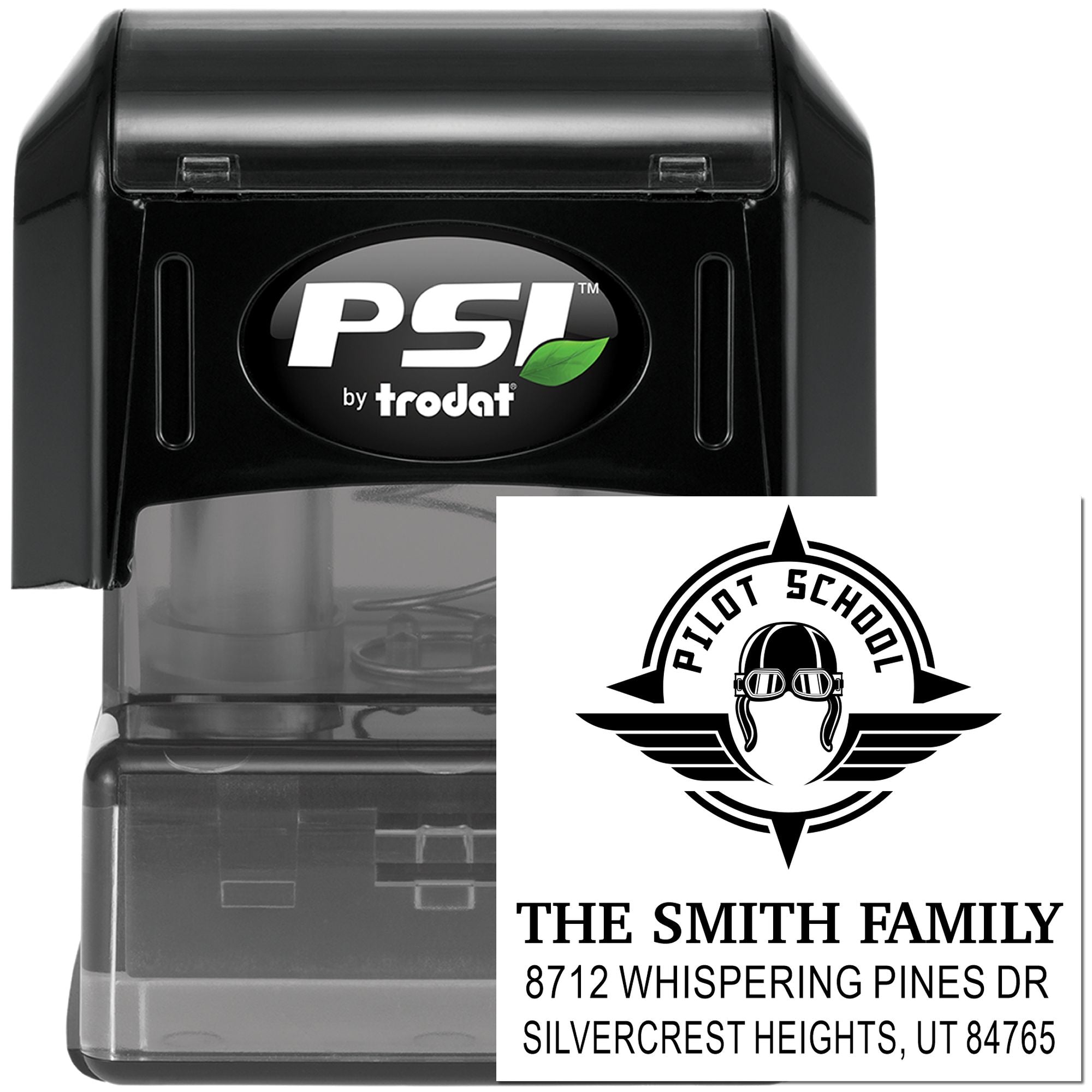 PSI by Trodat self-inking address stamp with custom Pilot School logo, The Smith Family name, and Silvercrest Heights, Utah address.