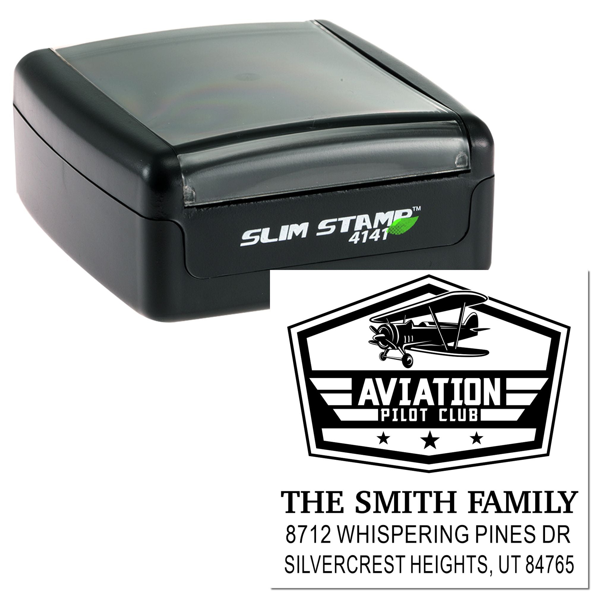 Black slim self-inking stamp with aviation pilot club logo and personalized family address imprint on white background.