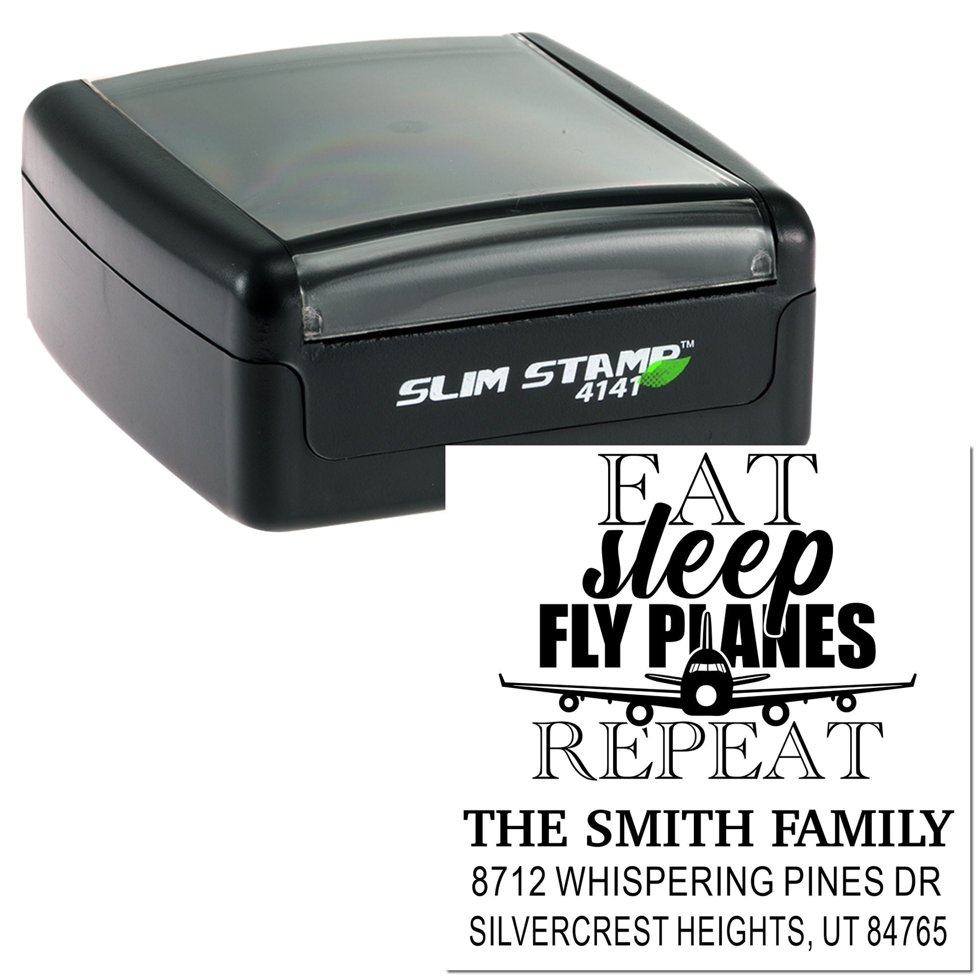 Self-inking Slim Stamp 4141 custom return address stamp with airplane graphic and Eat Sleep Fly Planes Repeat text on a white background.